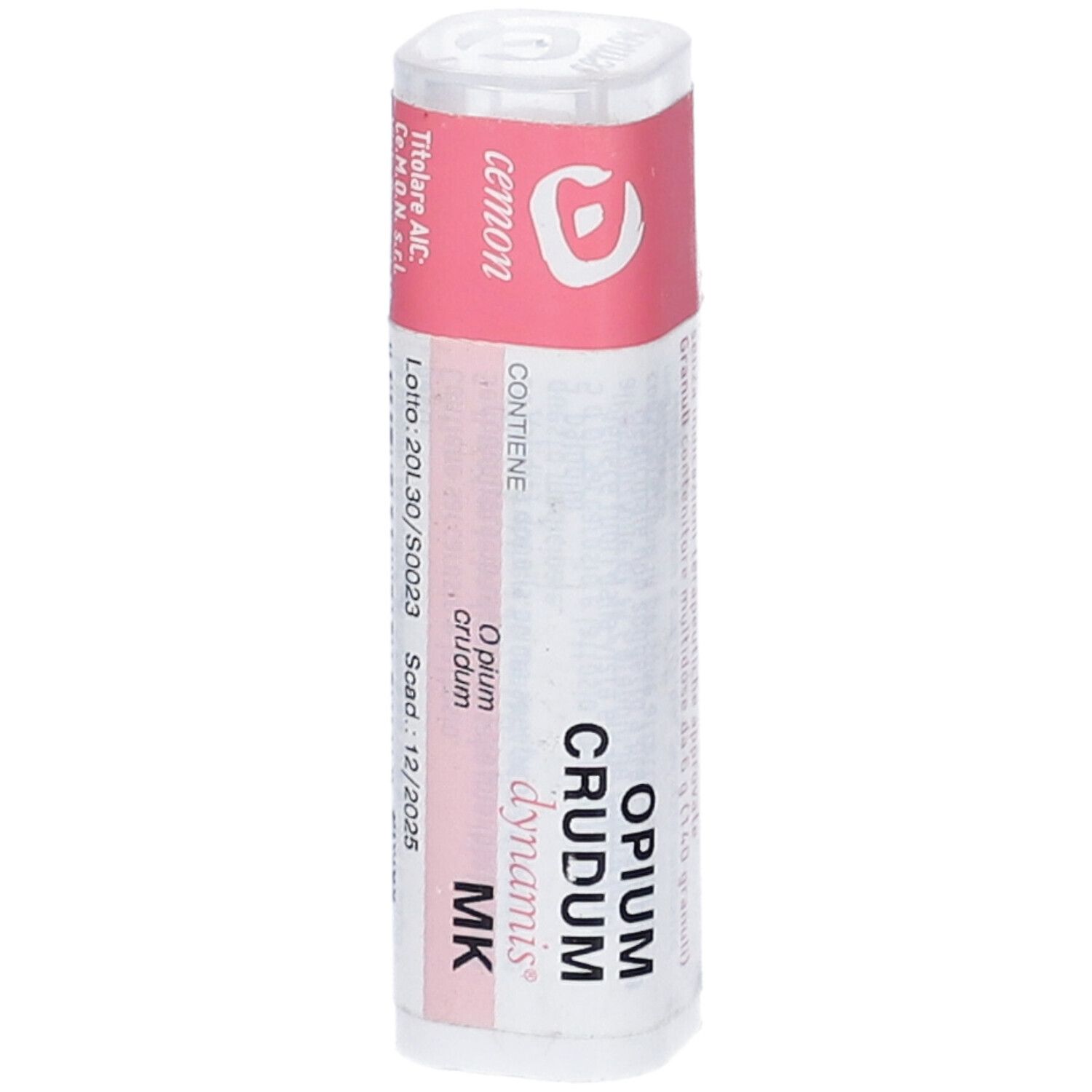 Confezione cilindrica con etichetta rosa. Scritta: Opium Crudum dynamis MK. Scadenza 12/2025.
