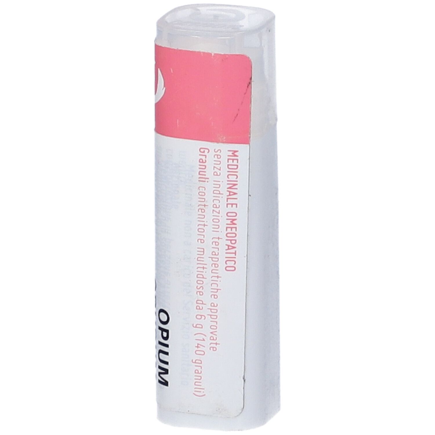 Confezione cilindrica con etichetta rosa. Scritta: Opium. Uso medico.