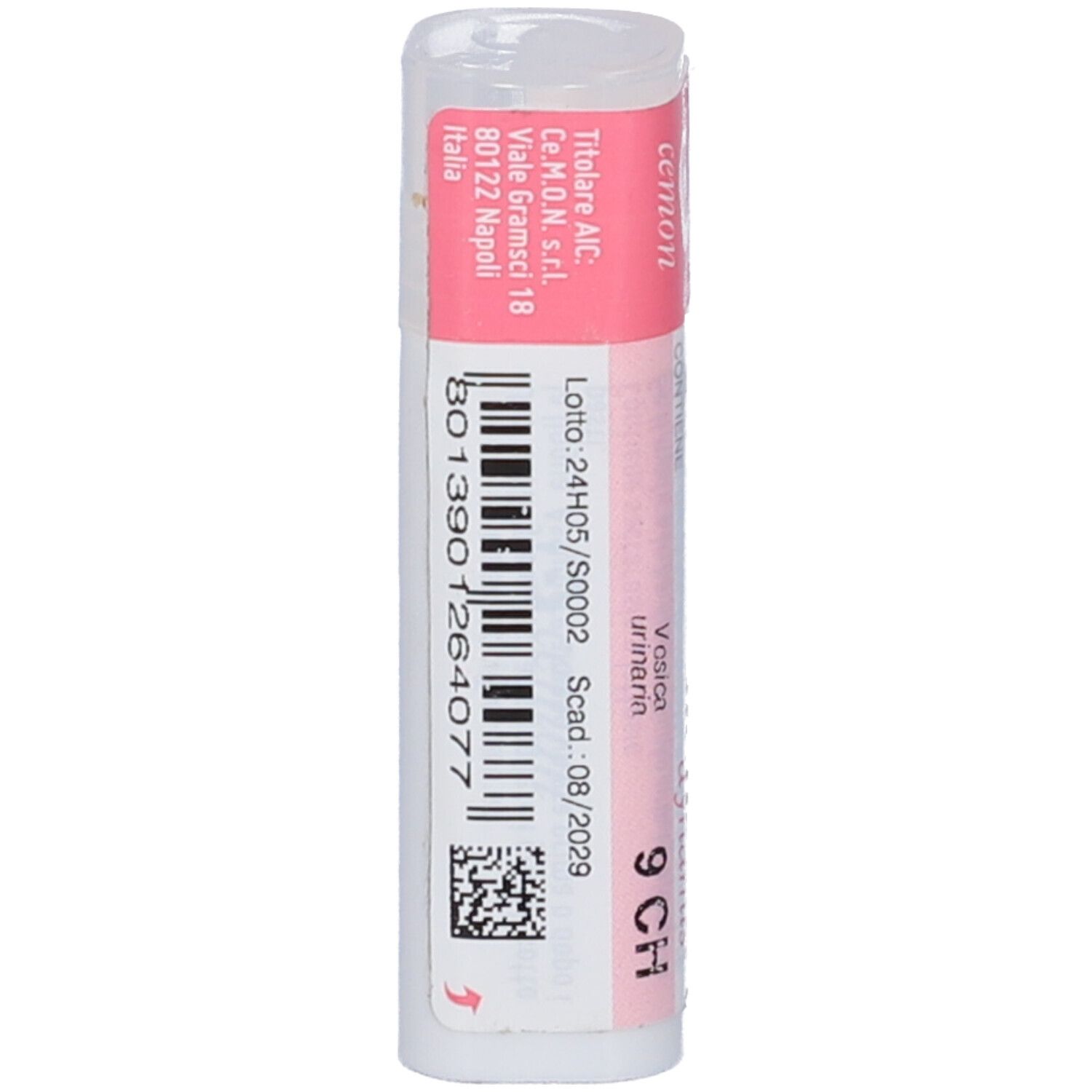 Confezione cilindrica con etichetta rosa e bianca. Codice a barre e testo: lotto, scadenza, indirizzo.