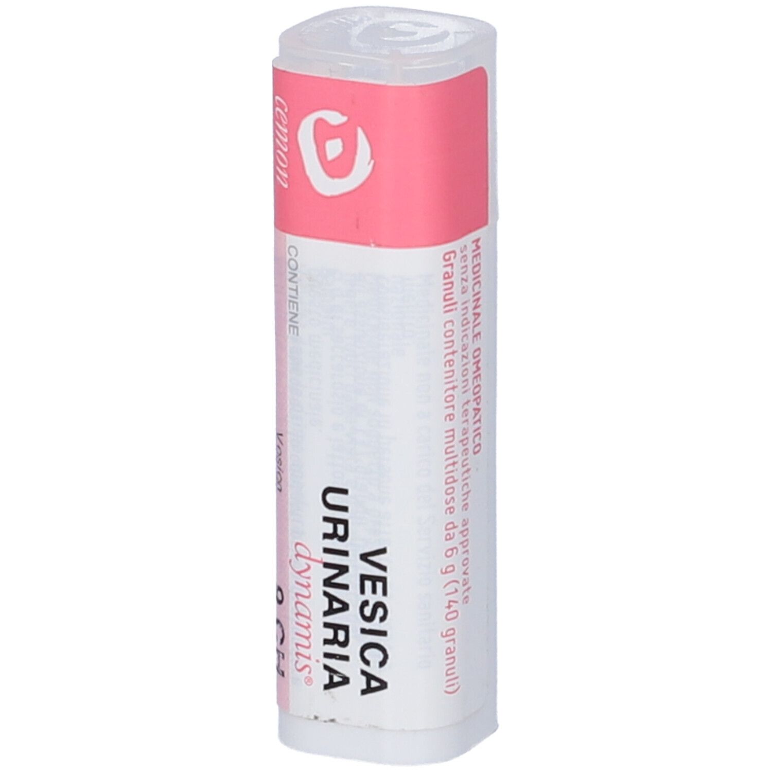Confezione cilindrica con etichetta rosa e bianca. Testo: Medicinale omeopatico, Granuli.