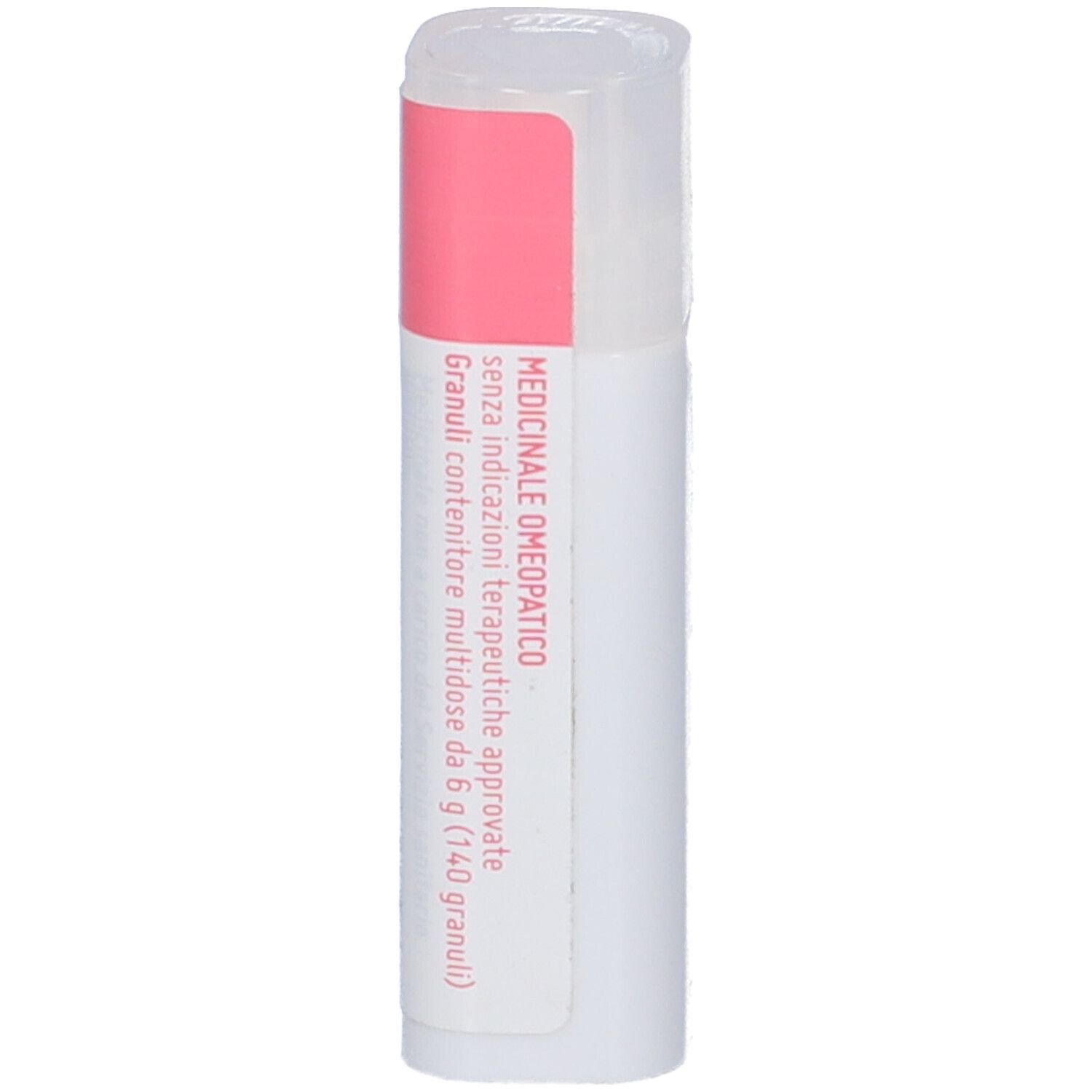 Confezione cilindrica bianca con coperchio trasparente. Etichetta rosa con testo: Medicinale omeopatico, Granuli.