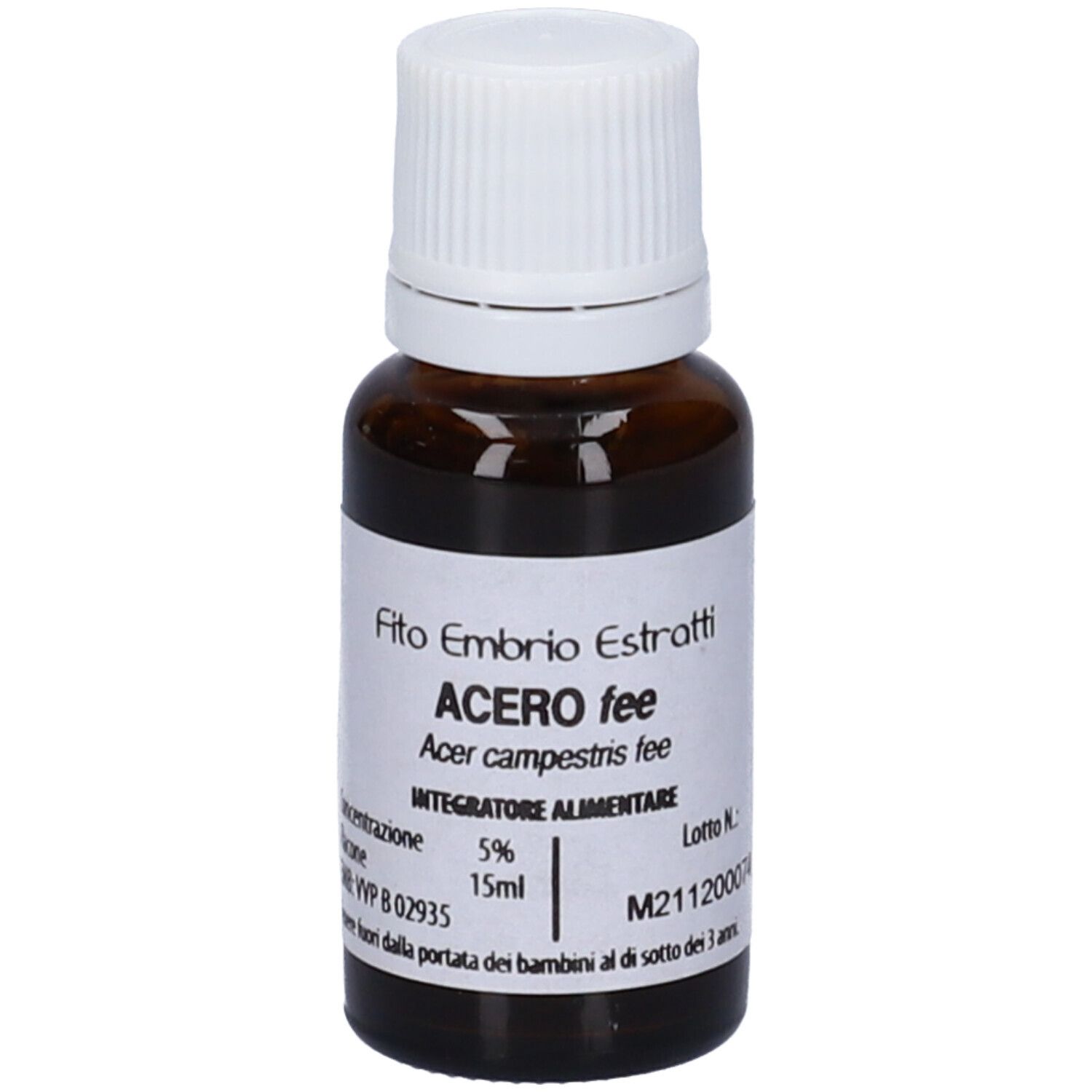 Flacone di vetro marrone con tappo bianco. Scritta: Fito Embryo Estratti, Acero fee, 15ml, 5%.
