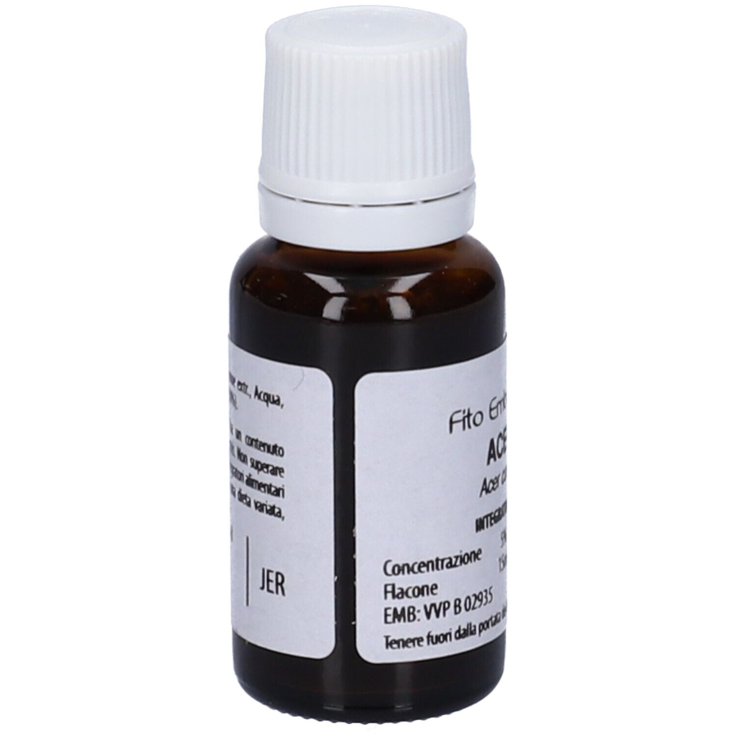 Flacone di vetro marrone con tappo bianco. Scritta: Fito Embryo Estratti, Acero fee, 15ml, 5%.