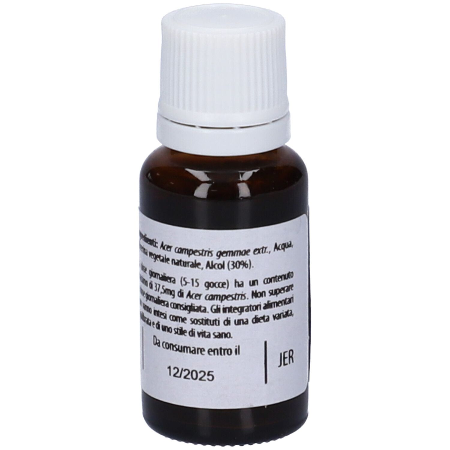 Flacone di vetro marrone con tappo bianco. Scritta: Fito Embryo Estratti, Acero fee, 15ml, 5%.