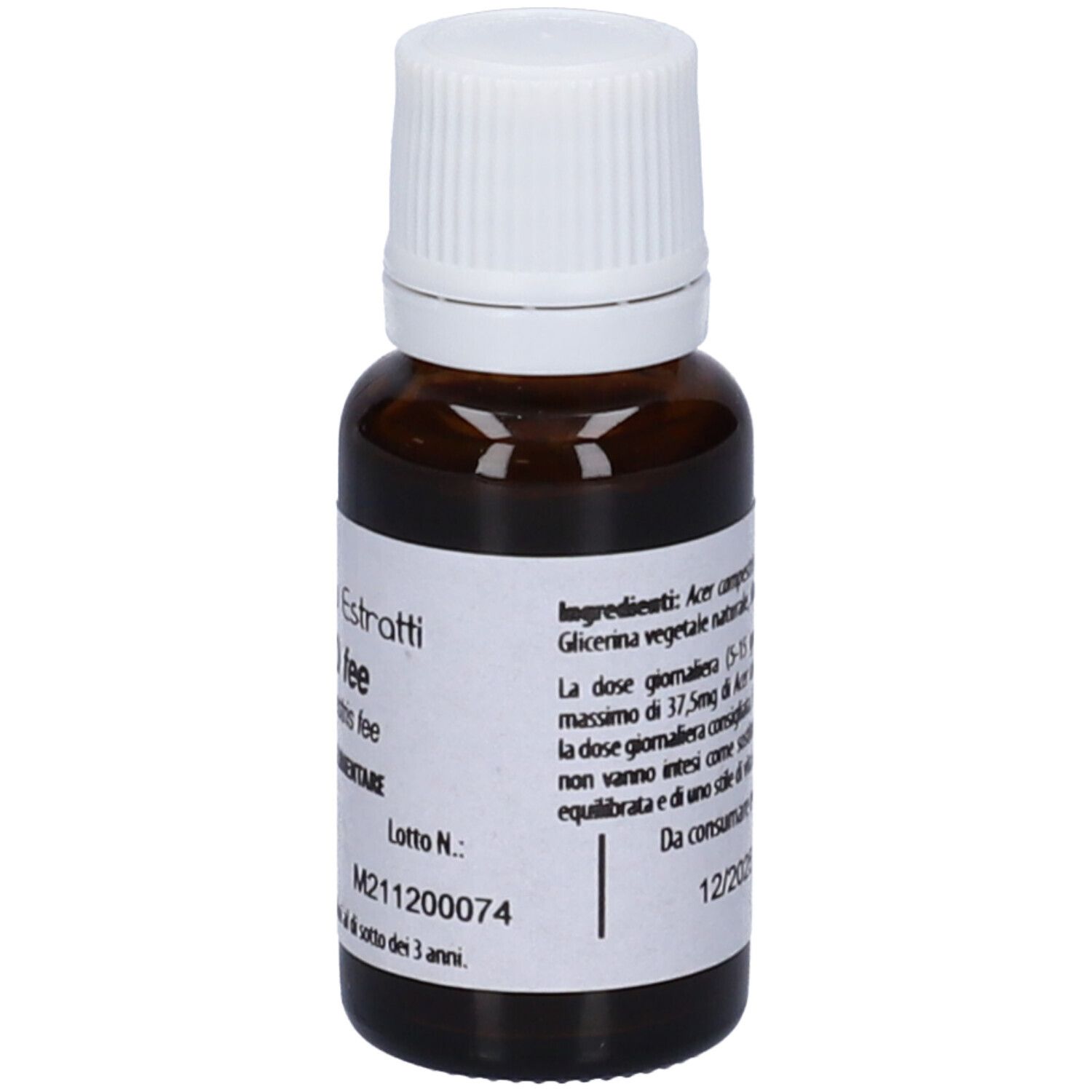 Flacone di vetro marrone con tappo bianco. Scritta: Fito Embryo Estratti, Acero fee, 15ml, 5%.