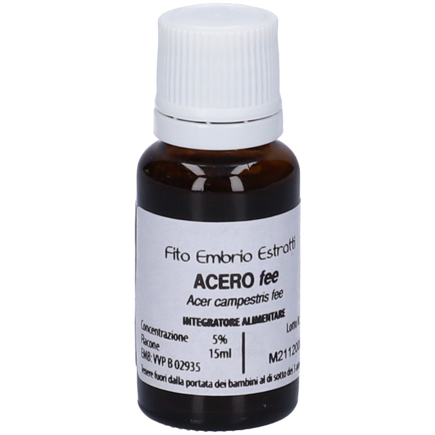 Flacone di vetro marrone con tappo bianco. Scritta: Fito Embryo Estratti, Acero fee, 15ml, 5%.