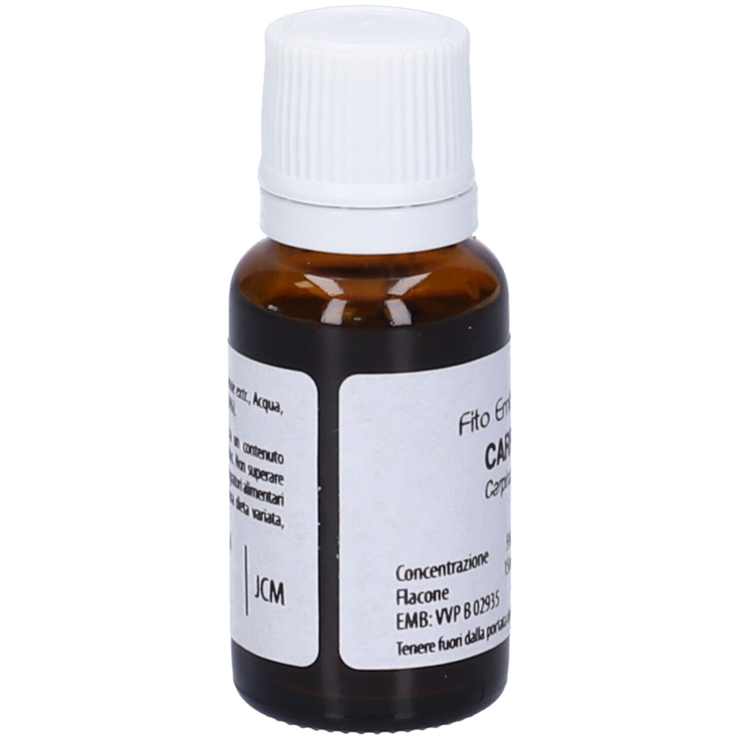 Flacone di vetro marrone con tappo bianco. Scritta: Fito Embryo Estratti Carpino fee, 15ml, 5%.