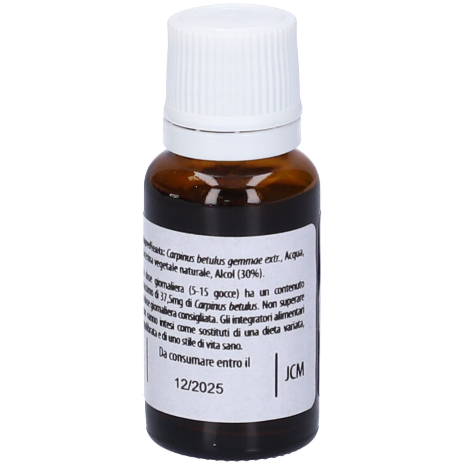 Flacone di vetro marrone con tappo bianco. Scritta: Fito Embryo Estratti Carpino fee, 15ml, 5%.