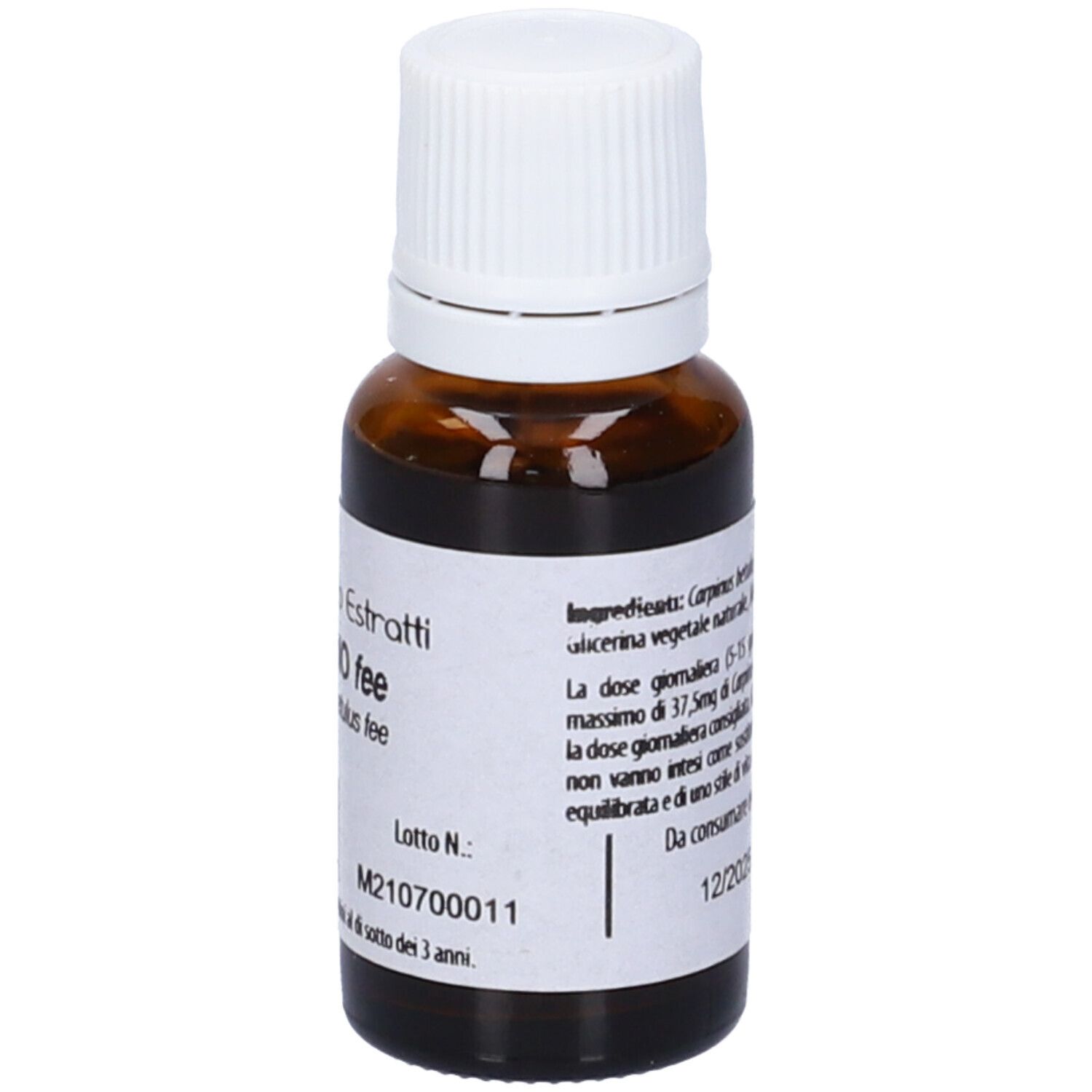 Flacone di vetro marrone con tappo bianco. Scritta: Fito Embryo Estratti Carpino fee, 15ml, 5%.