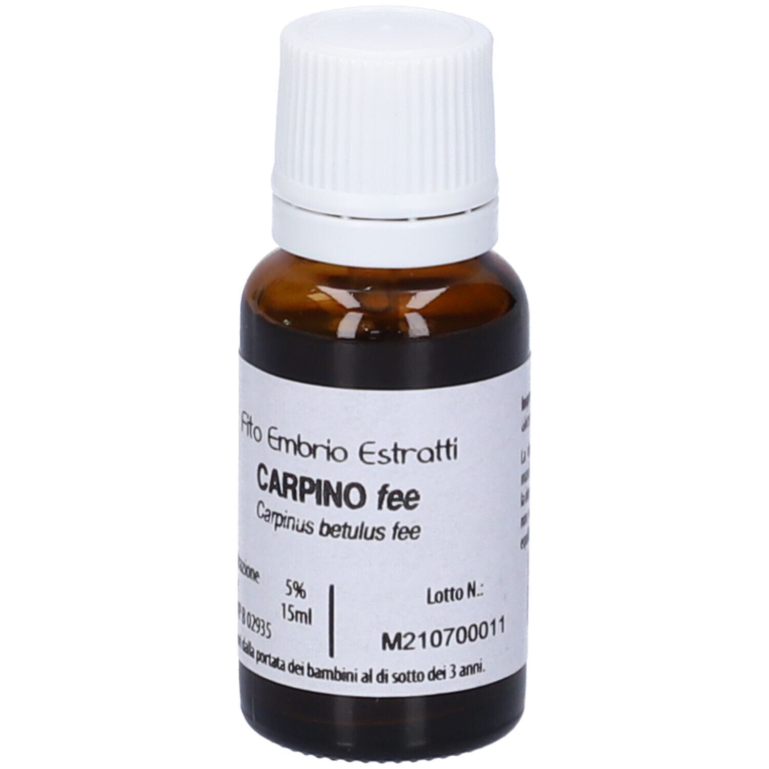 Flacone di vetro marrone con tappo bianco. Scritta: Fito Embryo Estratti Carpino fee, 15ml, 5%.