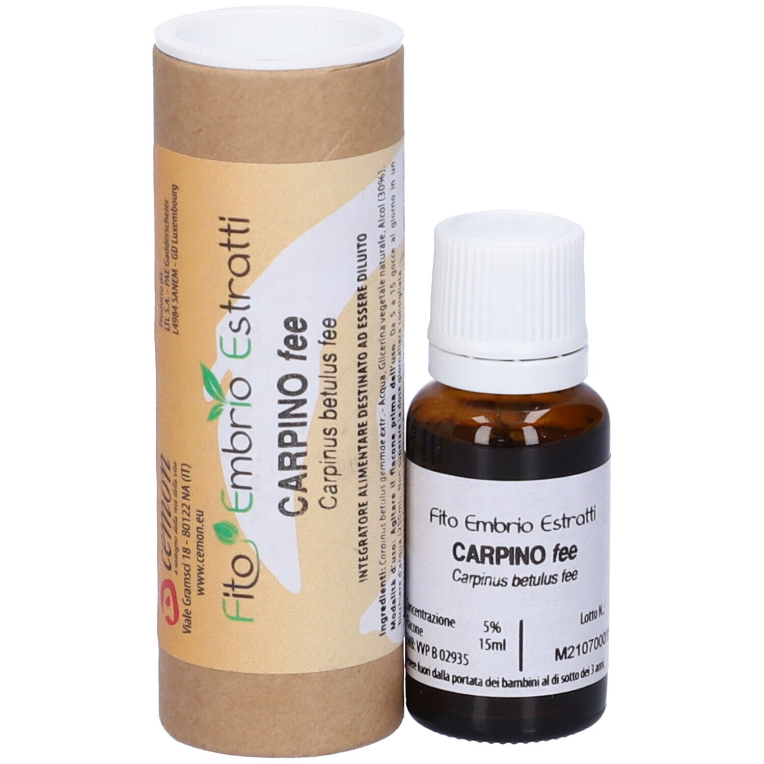 Flacone di vetro marrone con tappo bianco e confezione cilindrica di cartone. Scritta: Fito Embryo Estratti Carpino fee.