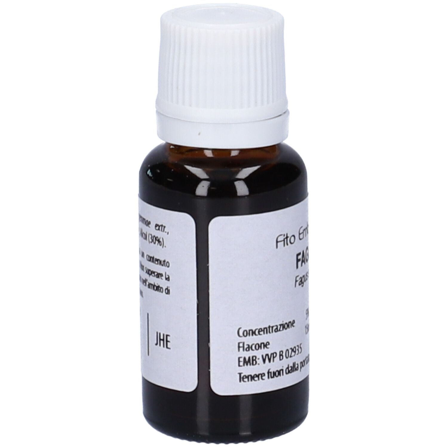 Flacone di vetro marrone con tappo bianco. Scritta: Faggio fee, 15 ml.