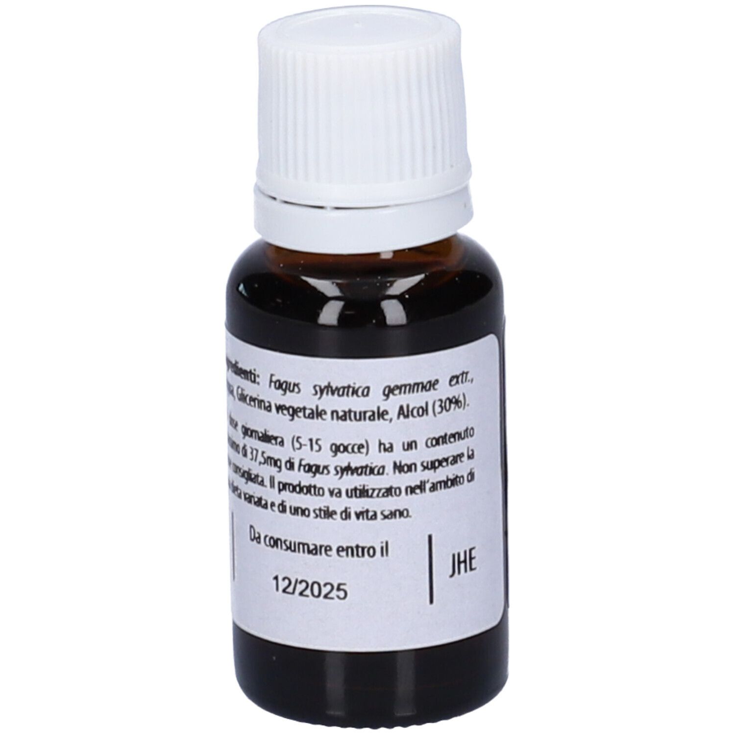 Flacone di vetro marrone con tappo bianco. Scritta: Faggio fee, 15 ml, da consumare entro 12/2025.