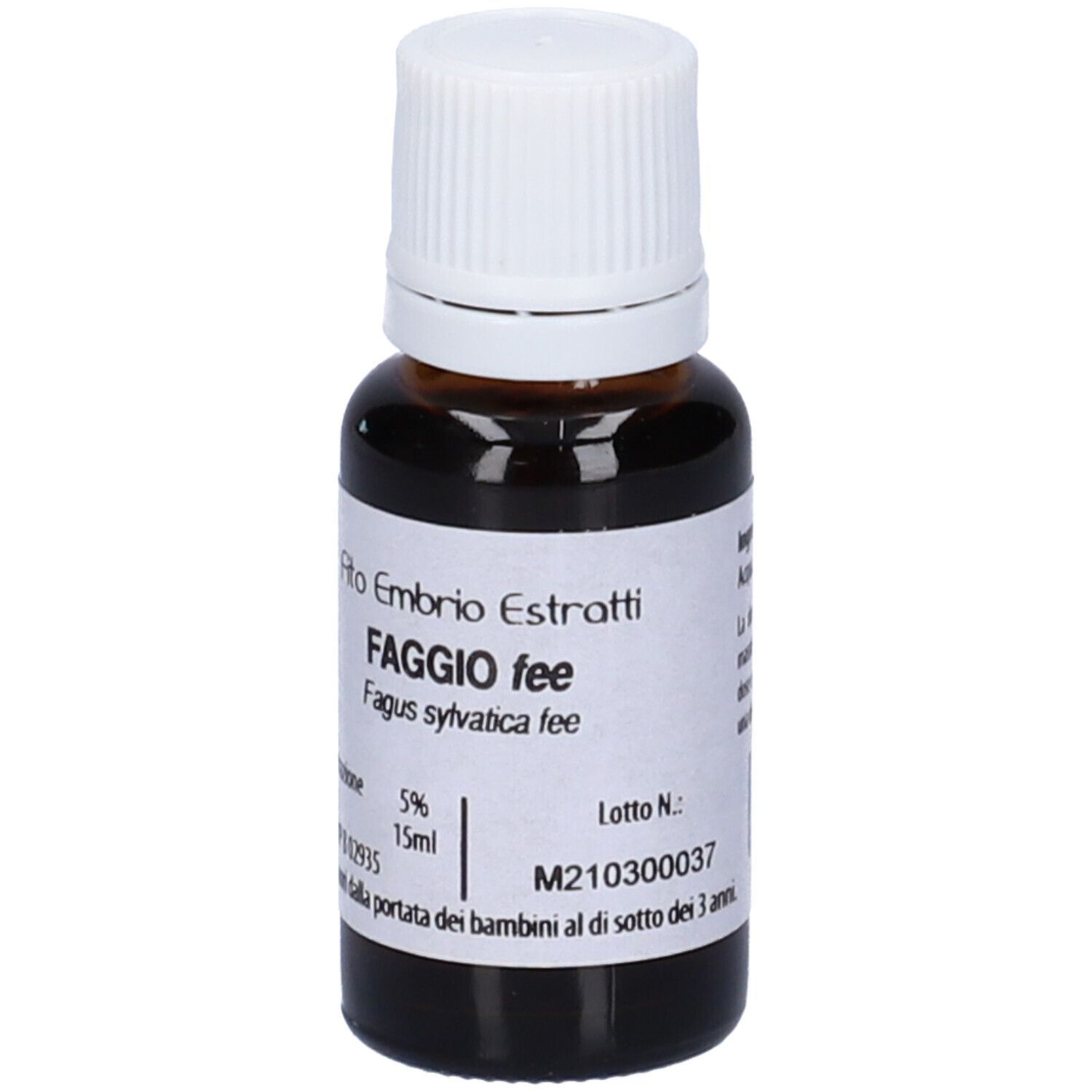 Flacone di vetro marrone con tappo bianco. Scritta: Faggio fee, 15 ml, 5%.