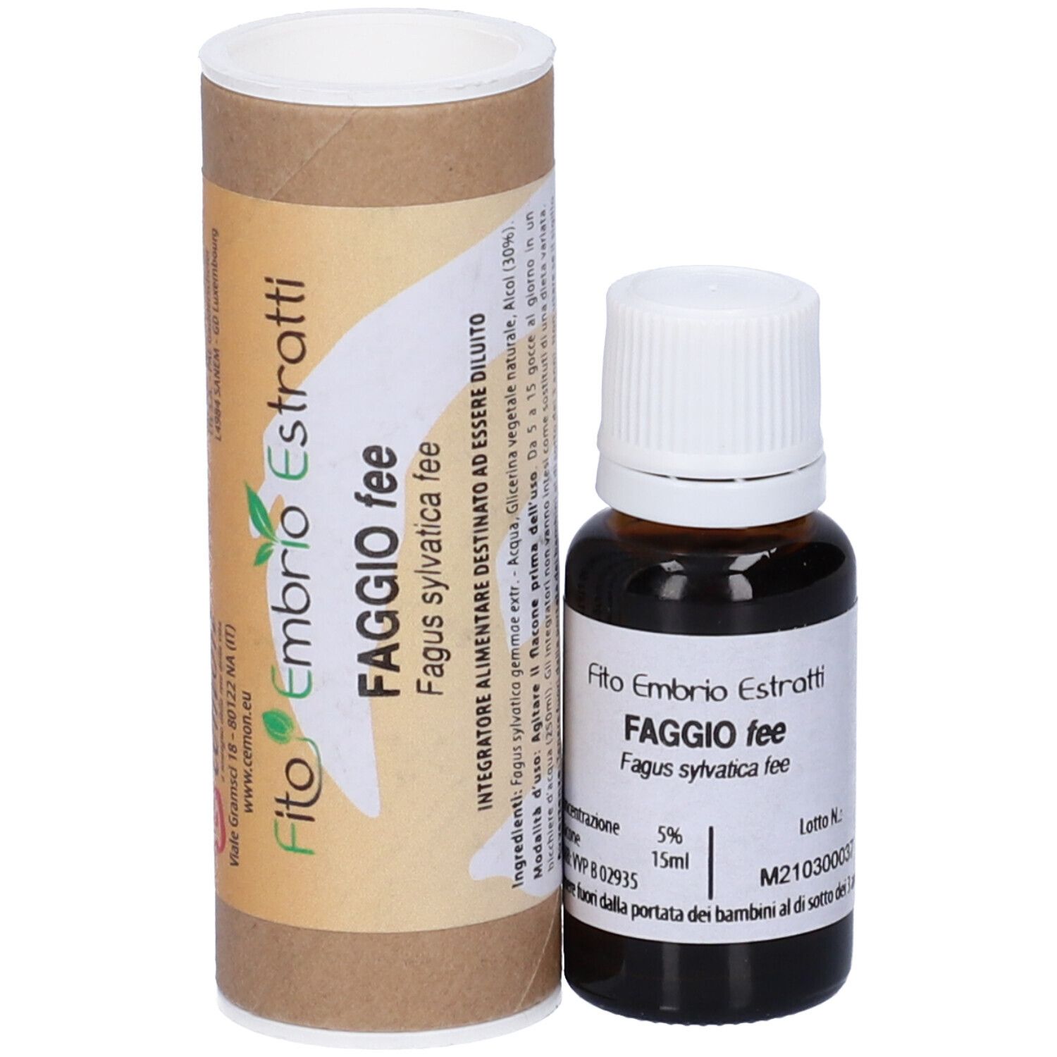 Flacone di vetro marrone con tappo bianco e confezione cilindrica. Scritta: Faggio fee, 15 ml, 5%.