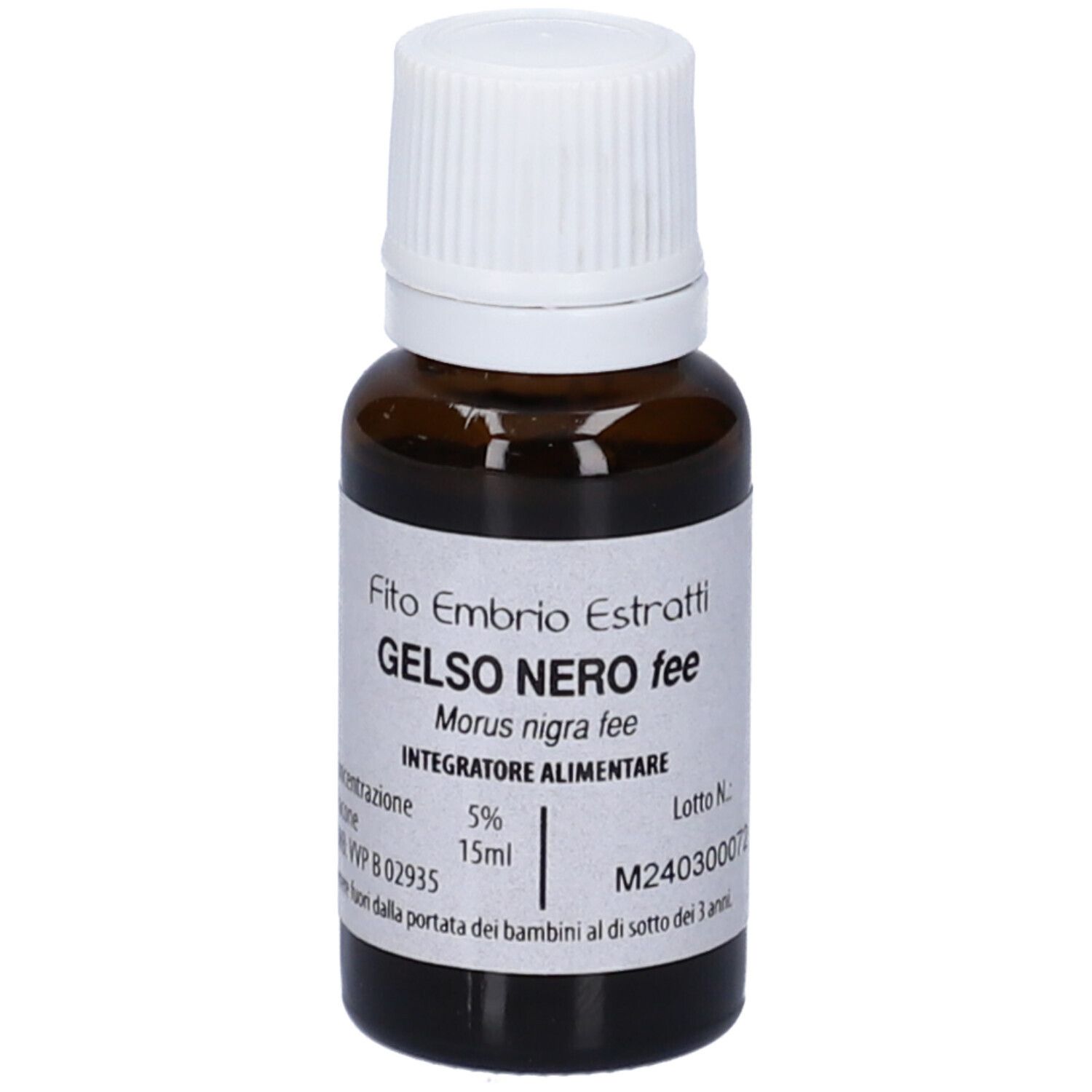 Flacone di vetro marrone con tappo bianco. Scritta: Fito Embryo Estratti, Gelso Nero fee, 15 ml. Etichetta con ingredienti.