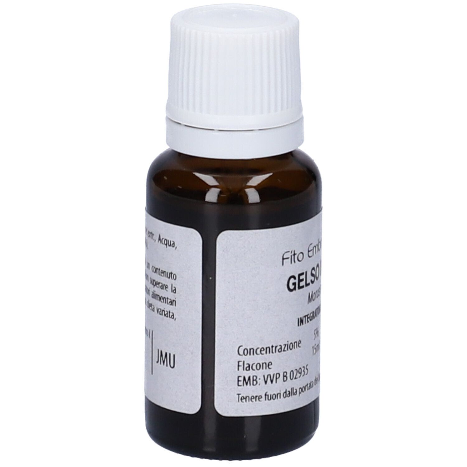 Flacone di vetro marrone con tappo bianco. Scritta: Fito Embryo Estratti, Gelso Nero fee, 15 ml. Etichetta con ingredienti.