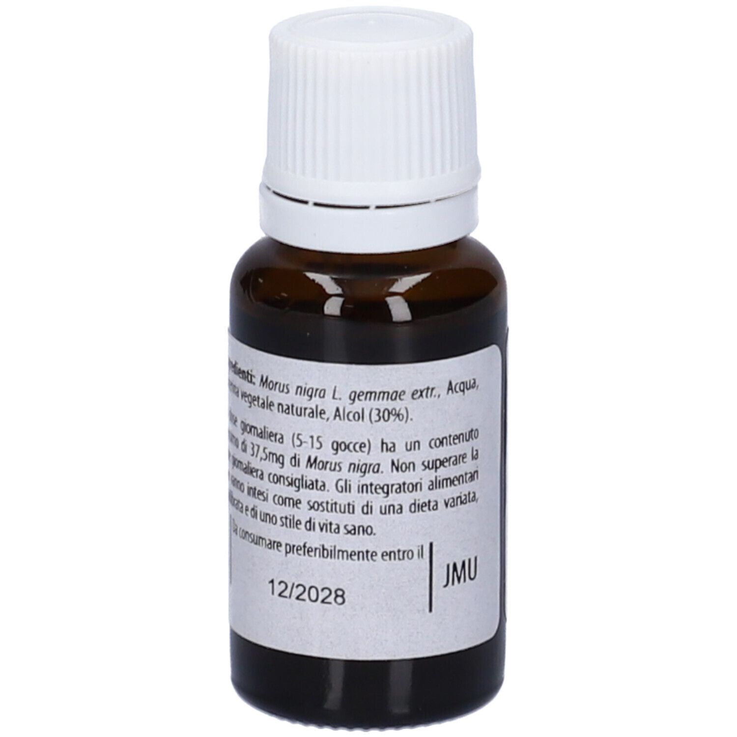 Flacone di vetro marrone con tappo bianco. Scritta: Fito Embryo Estratti, Gelso Nero fee, 15 ml. Etichetta con ingredienti.