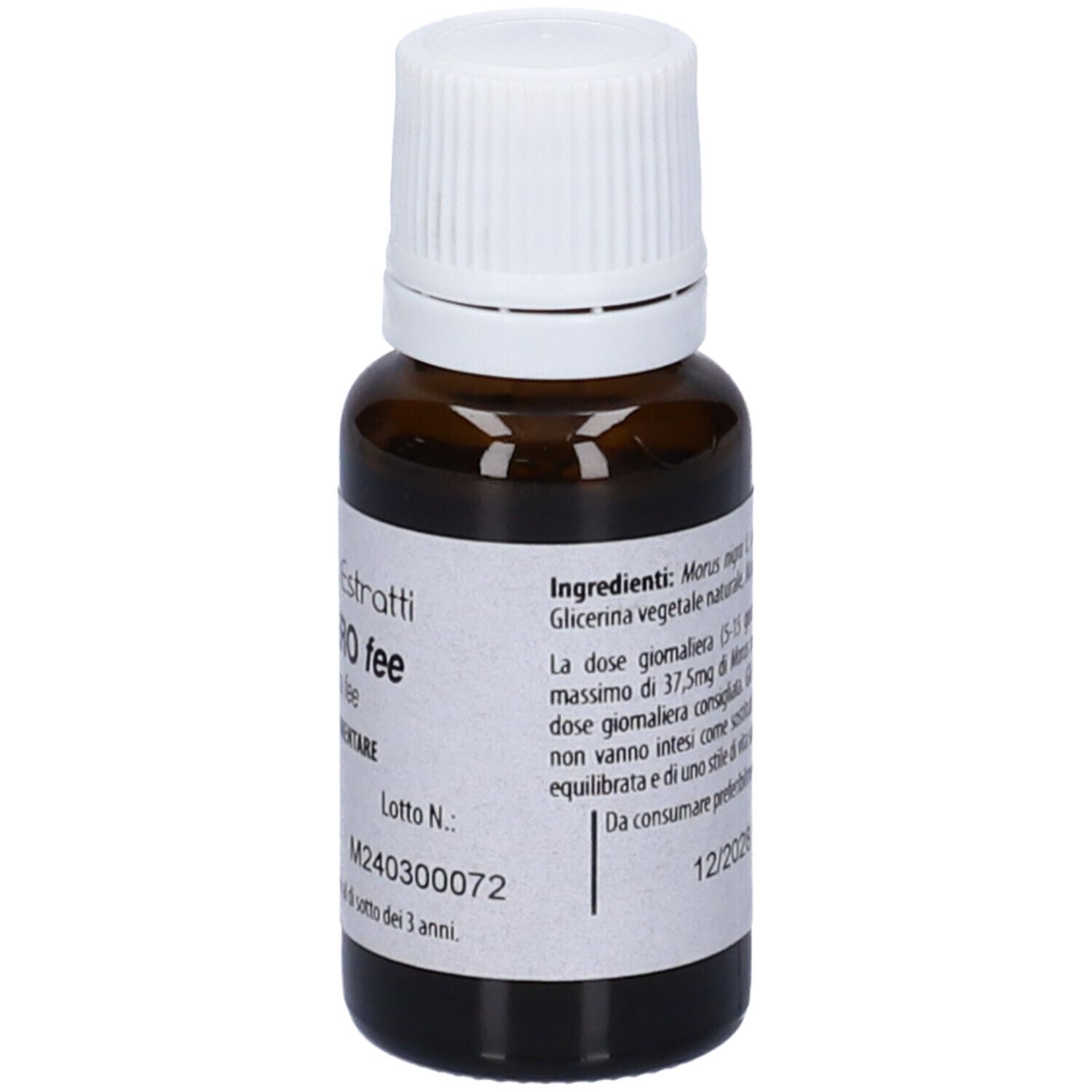 Flacone di vetro marrone con tappo bianco. Scritta: Fito Embryo Estratti, Gelso Nero fee, 15 ml. Etichetta con ingredienti.