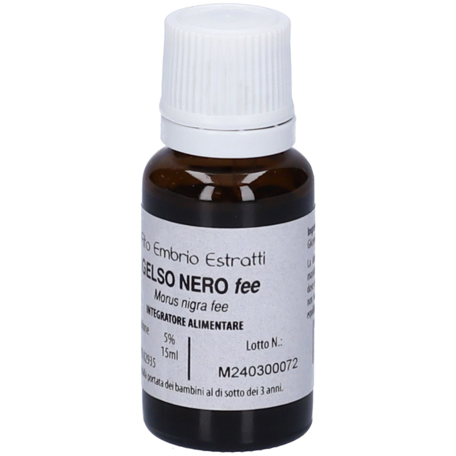 Flacone di vetro marrone con tappo bianco. Scritta: Fito Embryo Estratti, Gelso Nero fee, 15 ml. Etichetta con ingredienti.