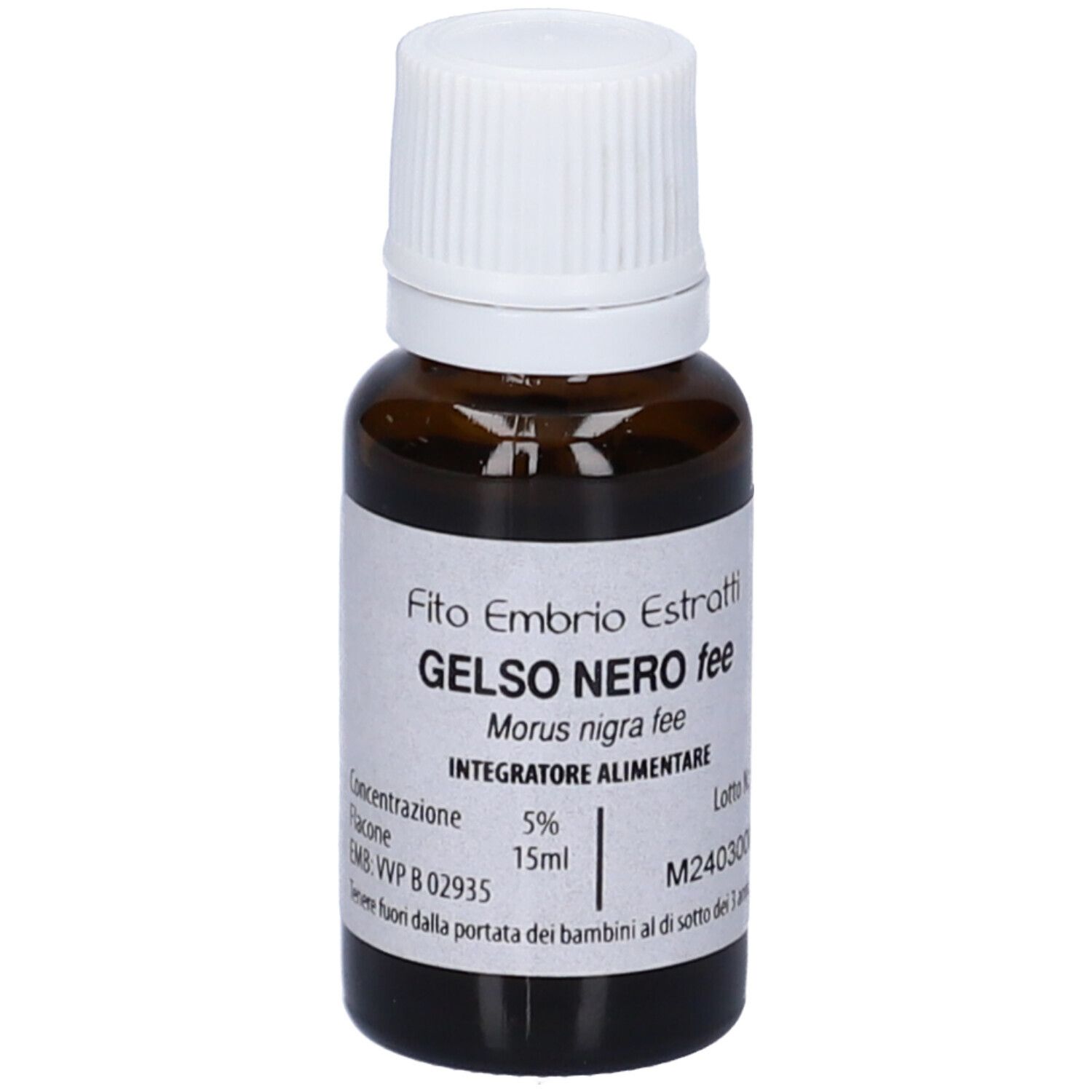 Flacone di vetro marrone con tappo bianco. Scritta: Fito Embryo Estratti, Gelso Nero fee, 15 ml. Etichetta con ingredienti.