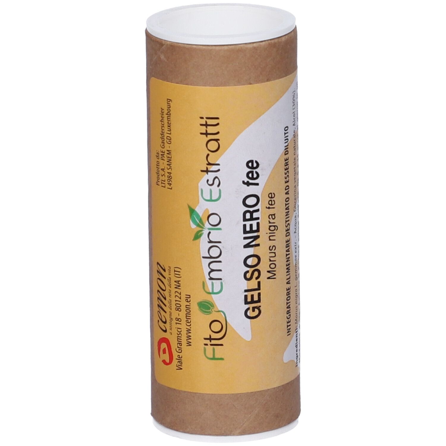 Tubo di cartone marrone con scritta: Fito Embryo Estratti, Gelso Nero fee. Scritta: cemon.