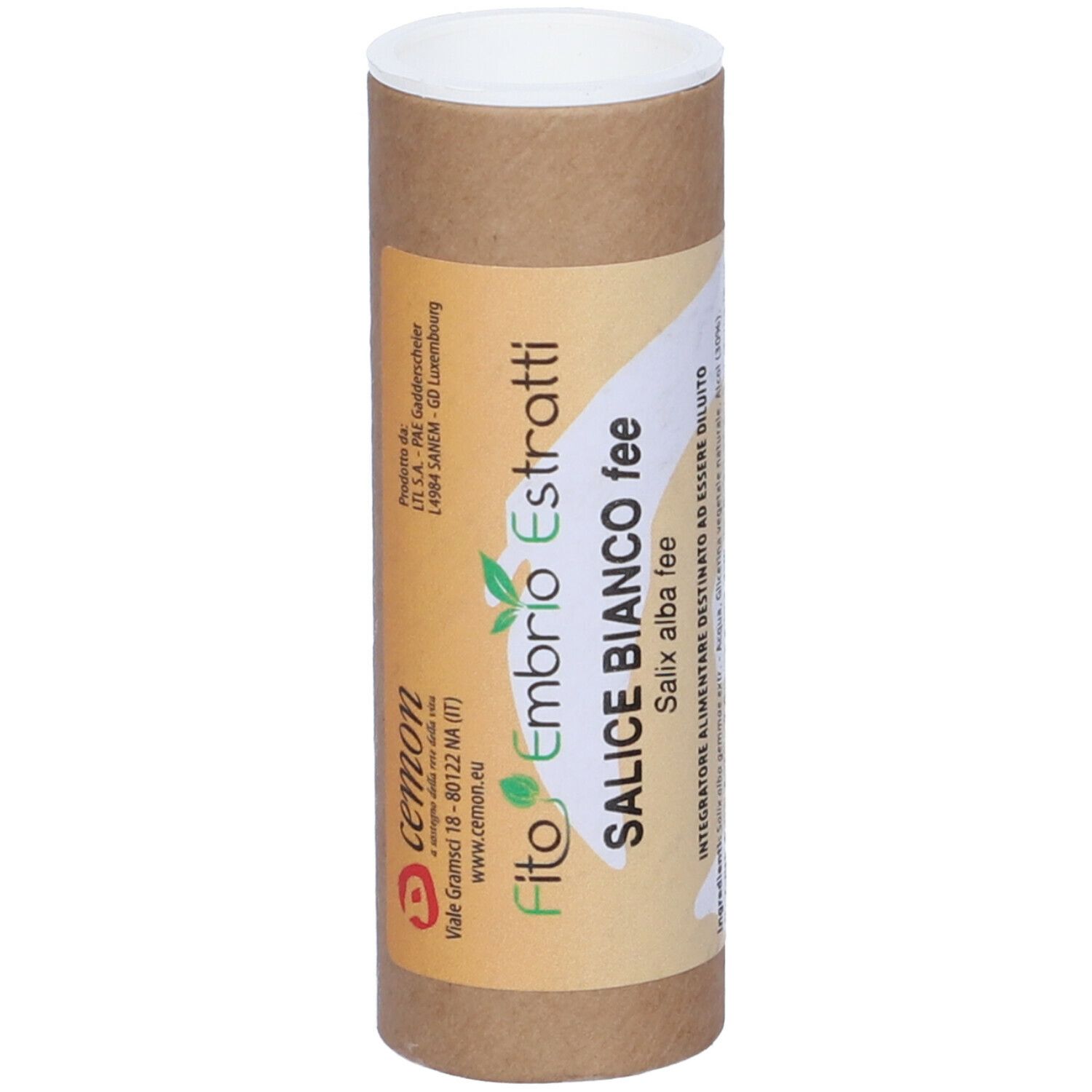 Tubo di cartone marrone con coperchio bianco. Scritta: "Fito Embrio Estratti SALICE BIANCO fee".