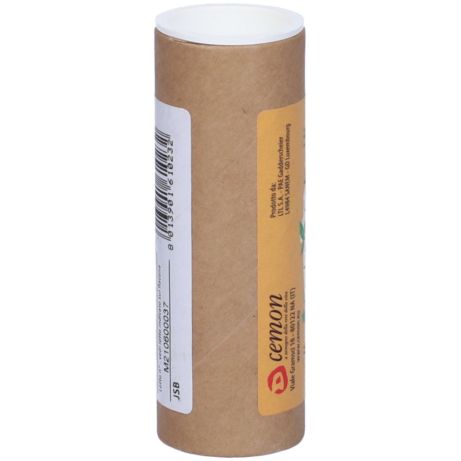 Tubo di cartone marrone con coperchio bianco. Scritta e codice a barre.