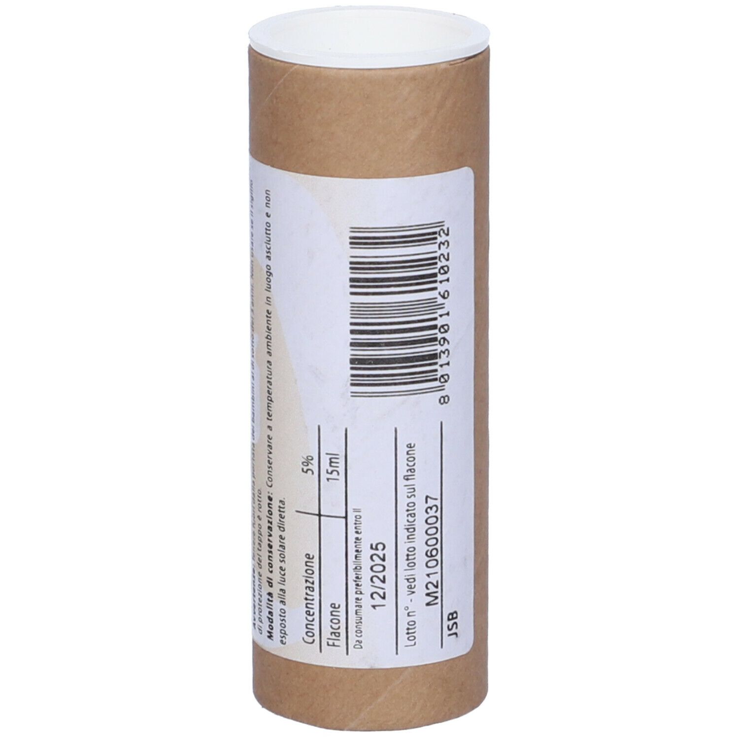 Tubo di cartone marrone con coperchio bianco. Scritta con informazioni e codice a barre.