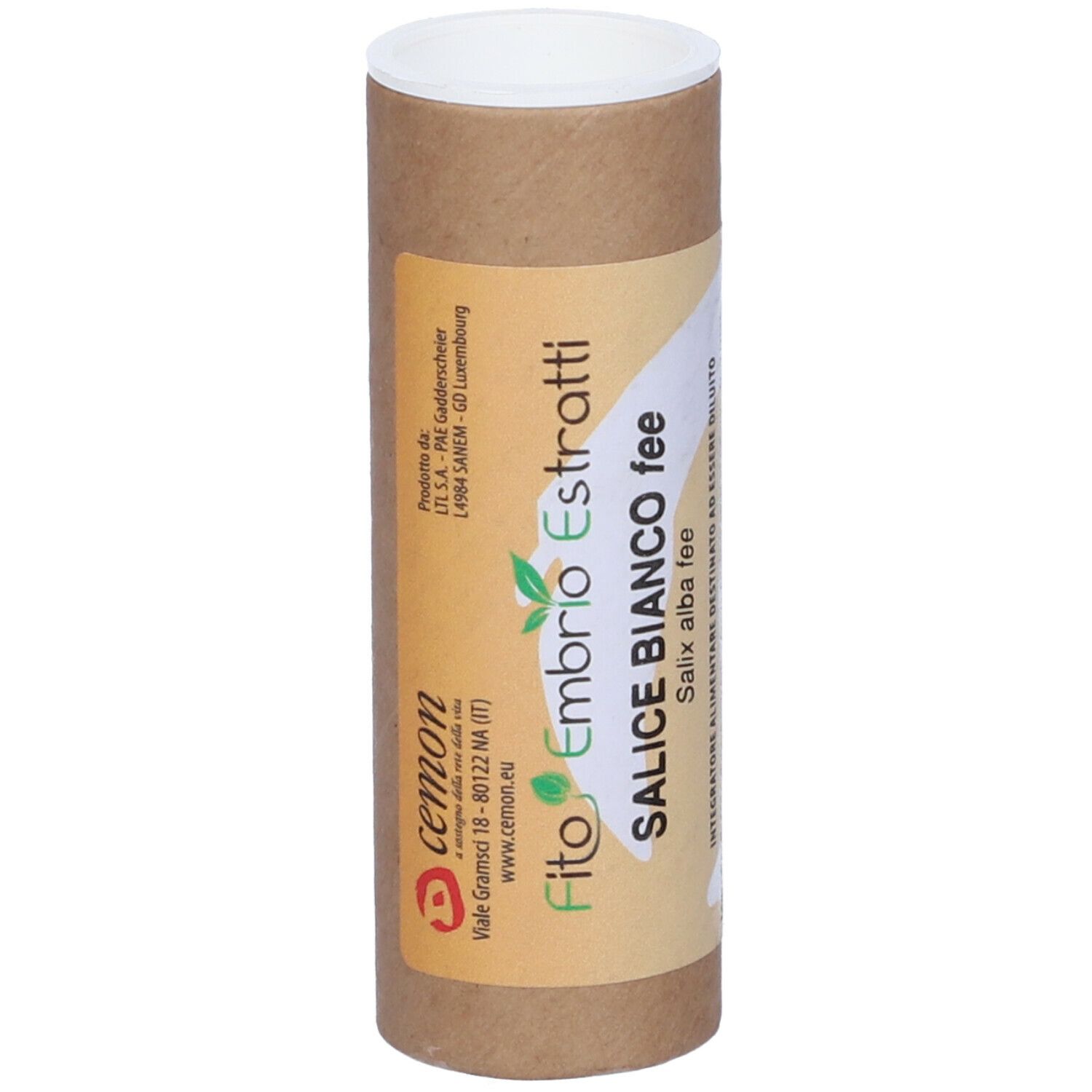 Tubo di cartone marrone con coperchio bianco. Scritta: "Fito Embrio Estratti SALICE BIANCO fee".