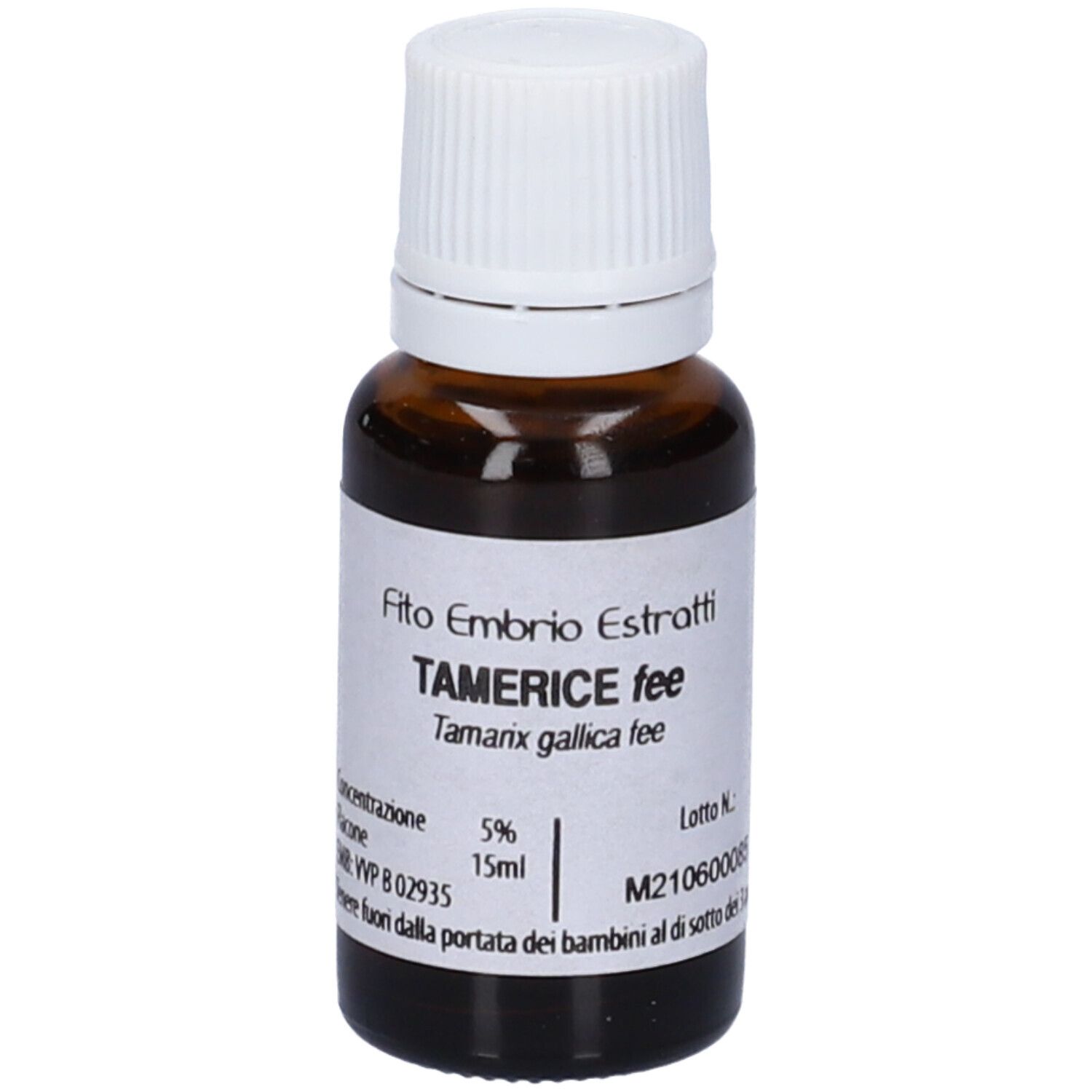 Flacone di vetro marrone con tappo bianco. Scritta: Fito Embryo Estratti, Tamerice fee, 15ml, 5%.