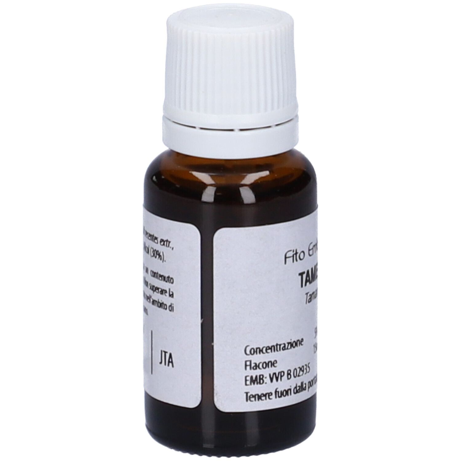 Flacone di vetro marrone con tappo bianco. Scritta: Fito Embryo Estratti, Tamerice fee, 15ml, 5%.