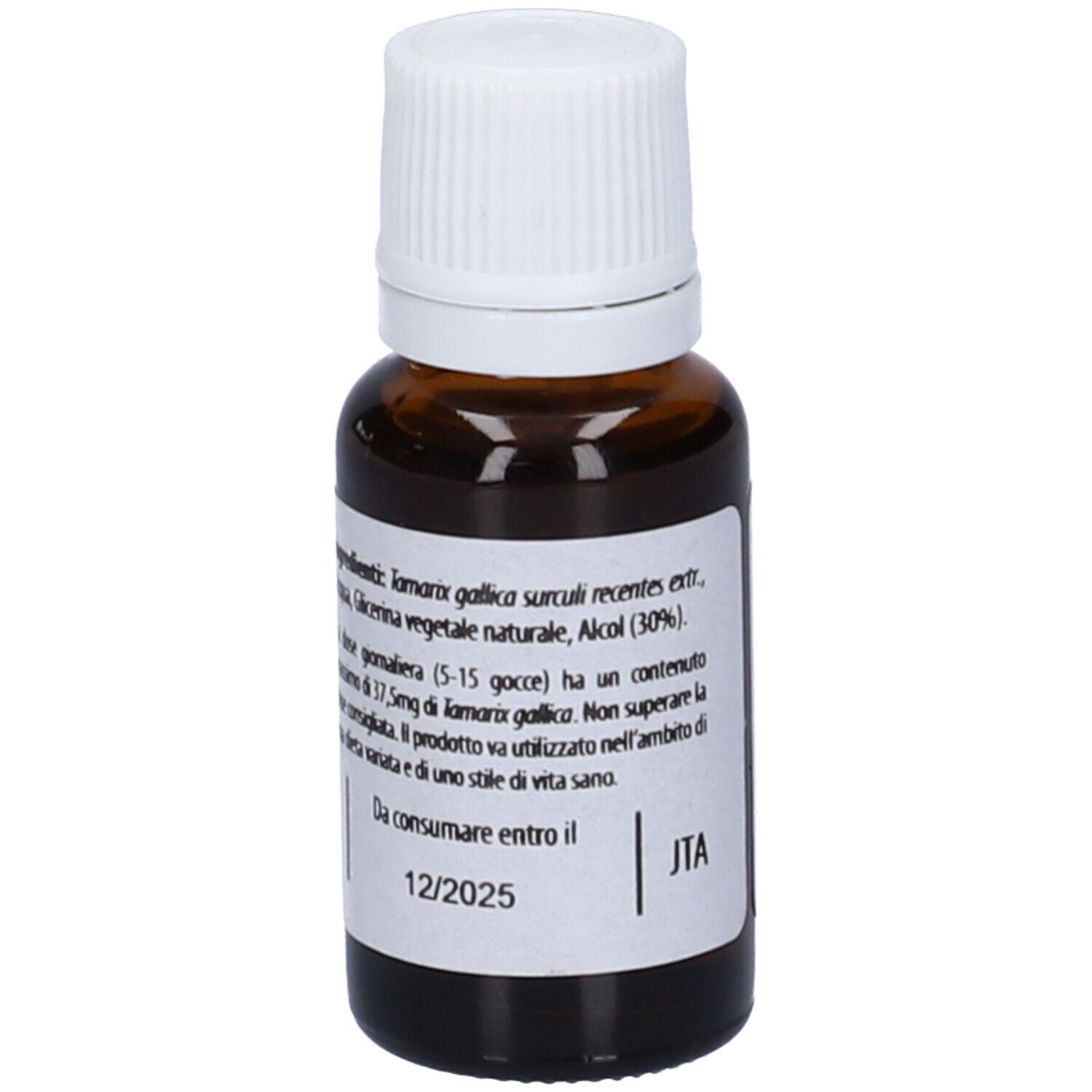 Flacone di vetro marrone con tappo bianco. Scritta: Fito Embryo Estratti, Tamerice fee, 15ml, 5%.