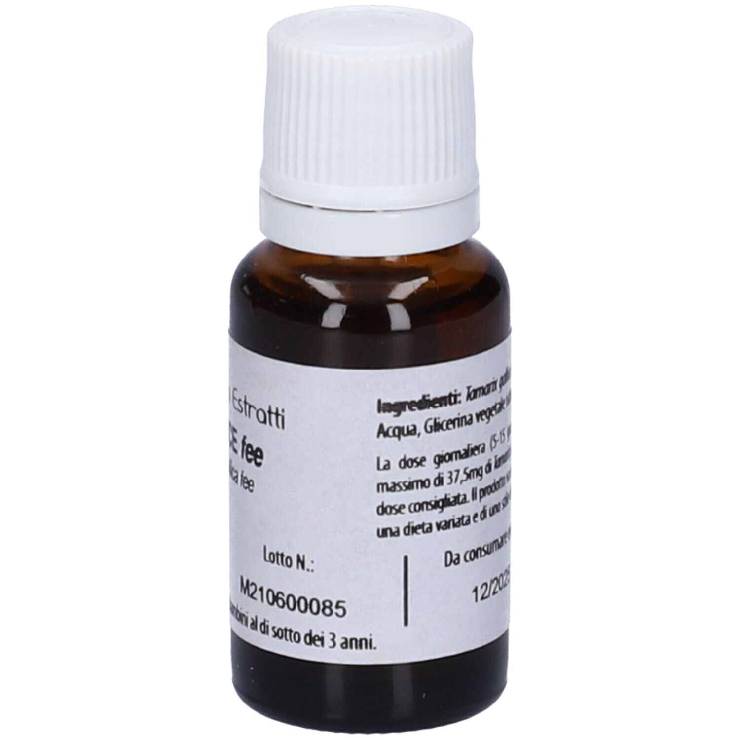 Flacone di vetro marrone con tappo bianco. Scritta: Fito Embryo Estratti, Tamerice fee, 15ml, 5%.