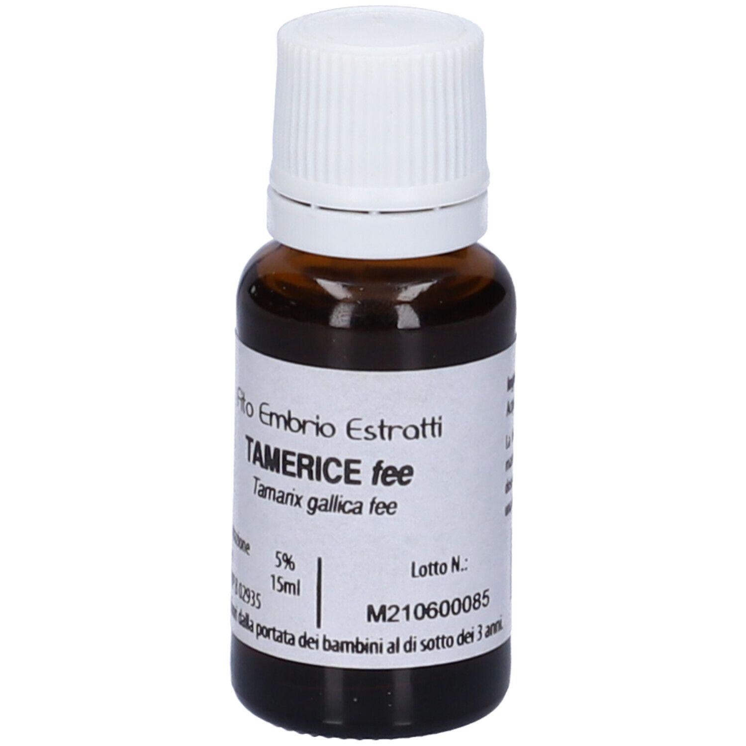 Flacone di vetro marrone con tappo bianco. Scritta: Fito Embryo Estratti, Tamerice fee, 15ml, 5%.