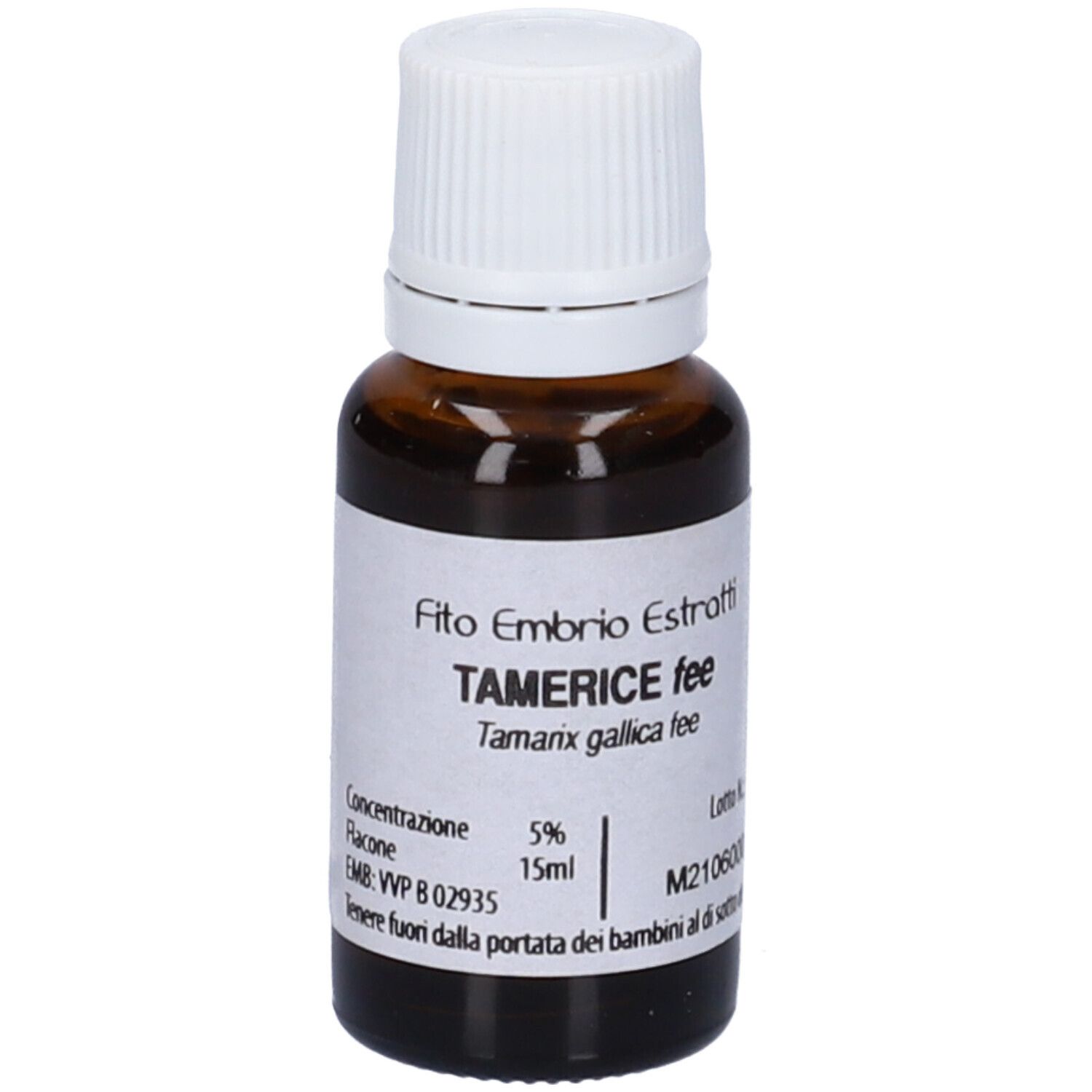 Flacone di vetro marrone con tappo bianco. Scritta: Fito Embryo Estratti, Tamerice fee, 15ml, 5%.