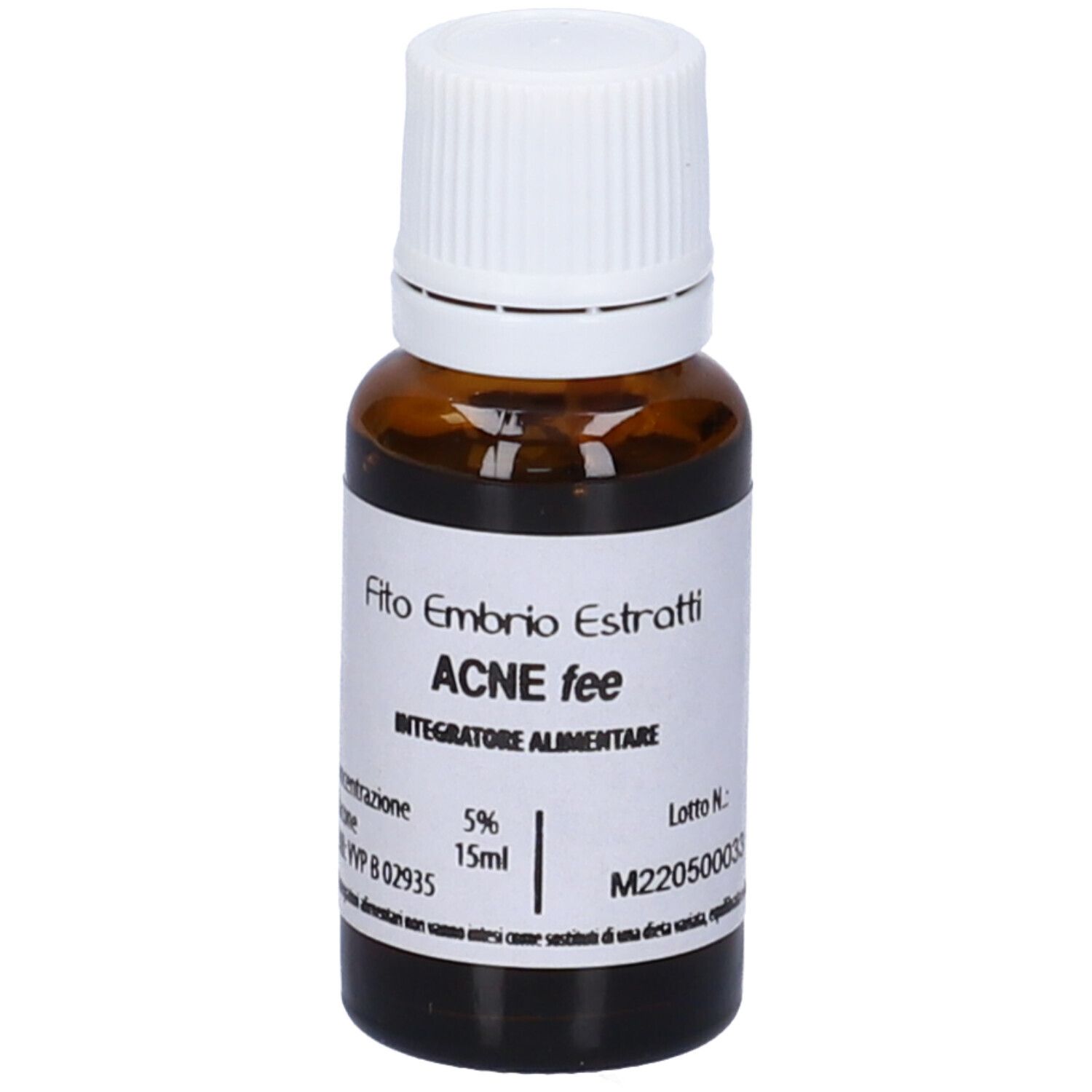 Flacone di vetro marrone con tappo bianco. Scritta: Fito Embryo Estratti, ACNE fee, 15ml, 5%.