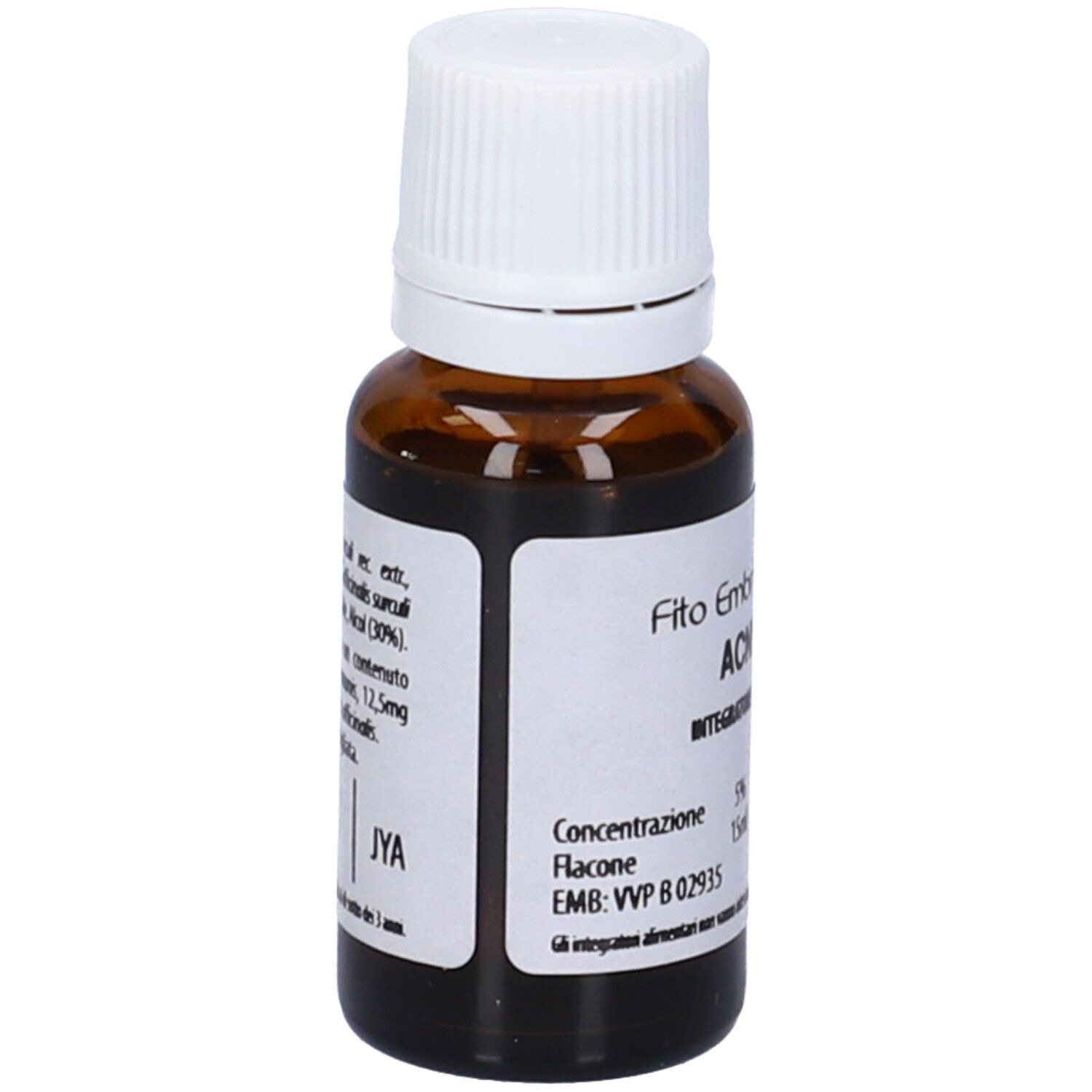 Flacone di vetro marrone con tappo bianco. Scritta: Fito Embryo Estratti, ACNE fee, 15ml, 5%.
