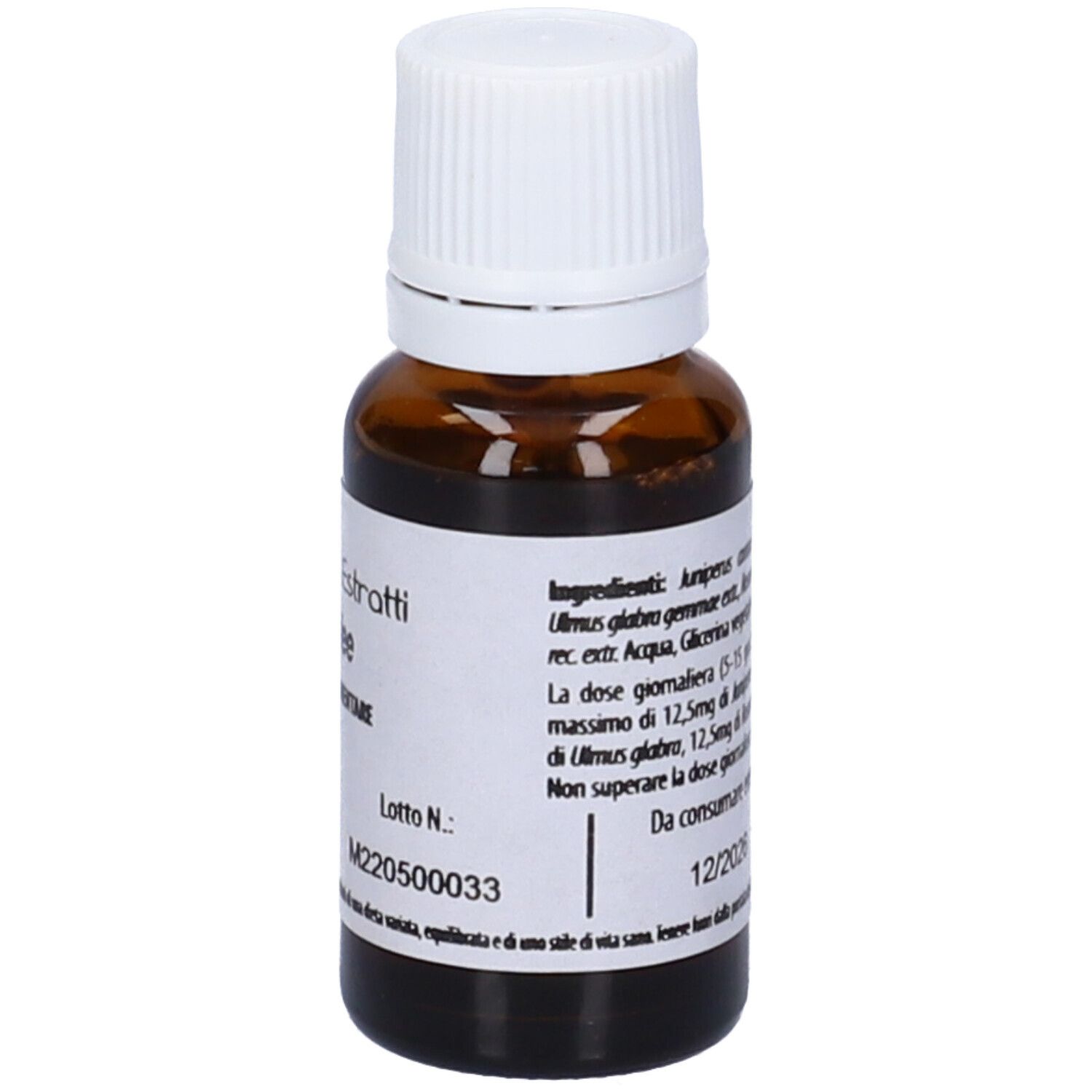 Flacone di vetro marrone con tappo bianco. Scritta: Fito Embryo Estratti, ACNE fee, 15ml, 5%.