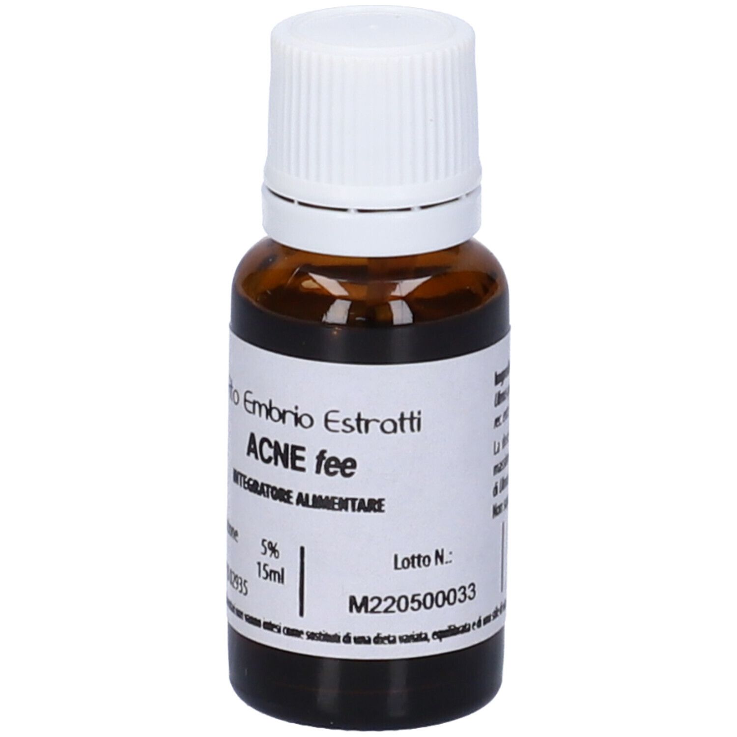 Flacone di vetro marrone con tappo bianco. Scritta: Fito Embryo Estratti, ACNE fee, 15ml, 5%.
