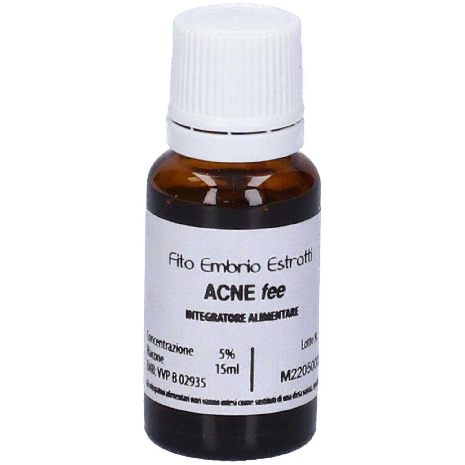 Flacone di vetro marrone con tappo bianco. Scritta: Fito Embryo Estratti, ACNE fee, 15ml, 5%.