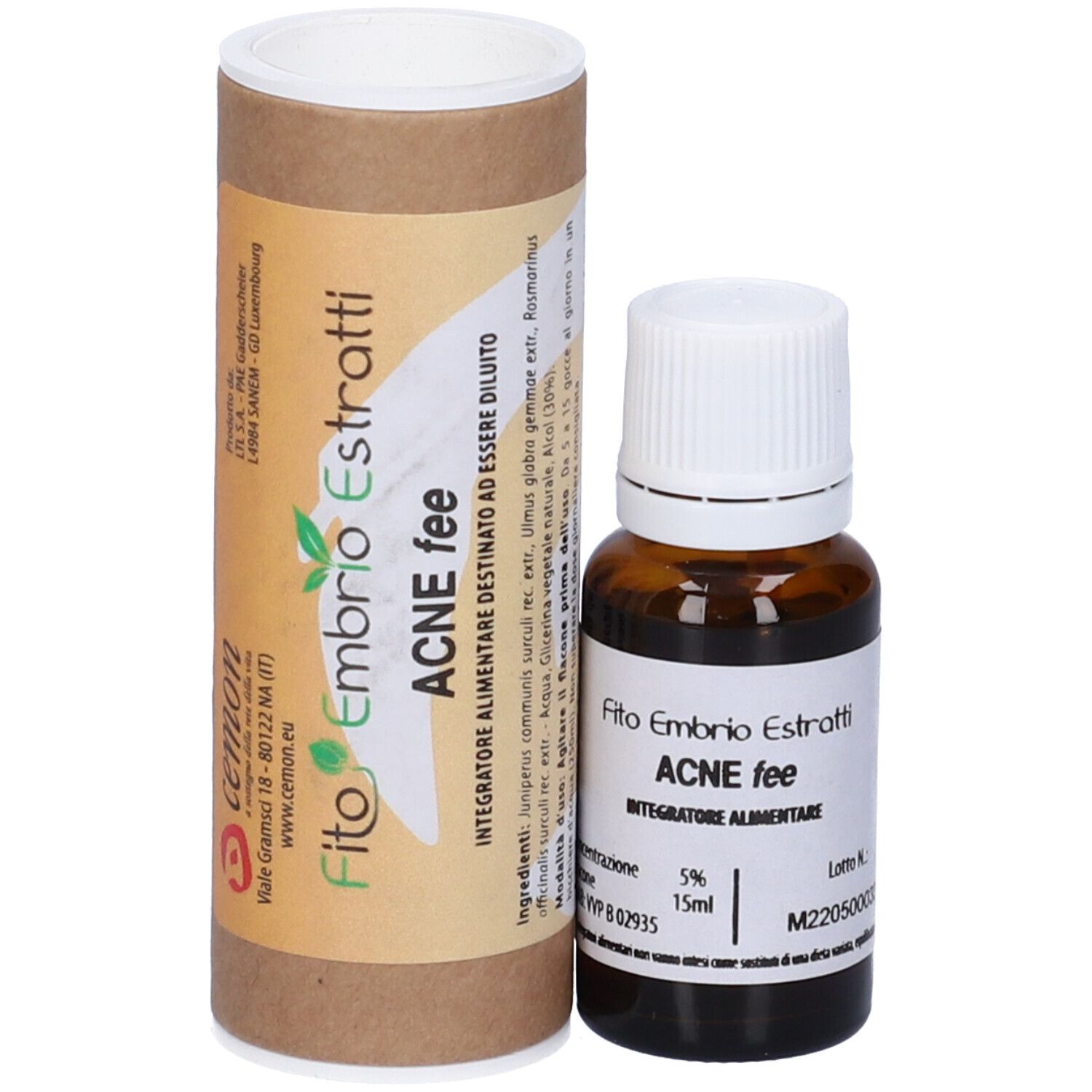 Flacone di vetro marrone con tappo bianco e confezione cilindrica. Scritta: Fito Embryo Estratti, ACNE fee.