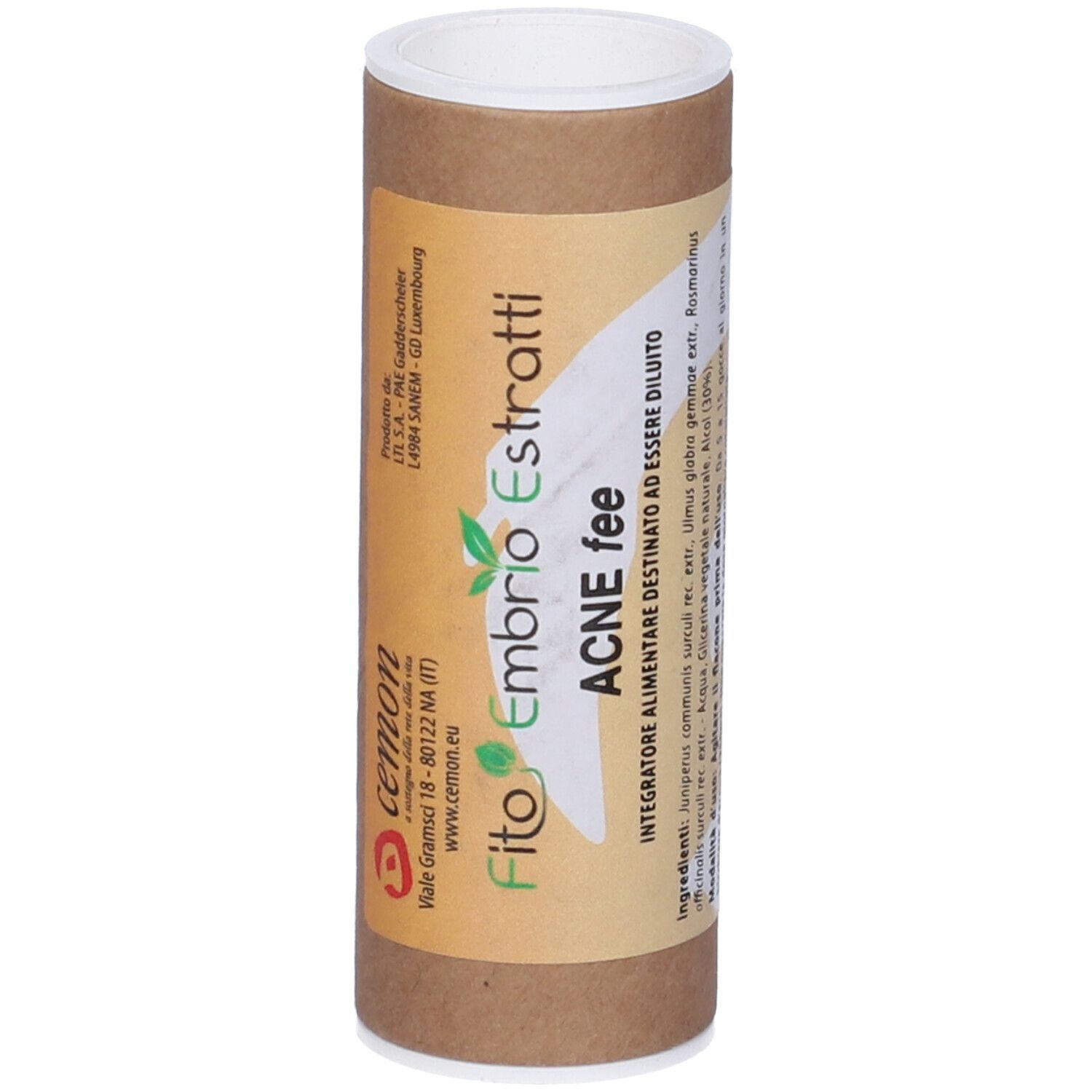 Confezione cilindrica con scritta: Fito Embryo Estratti, ACNE fee.