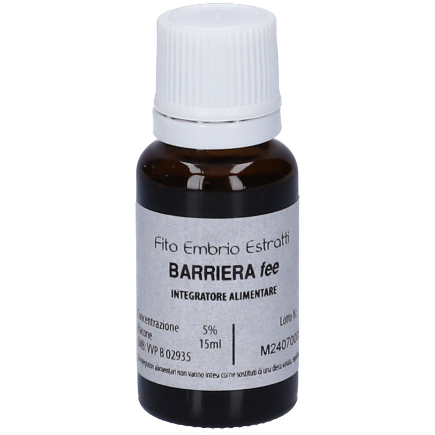 Flacone di vetro marrone con tappo bianco. Scritta: Fito Embryo Estratti Barriera fee, 15 ml.