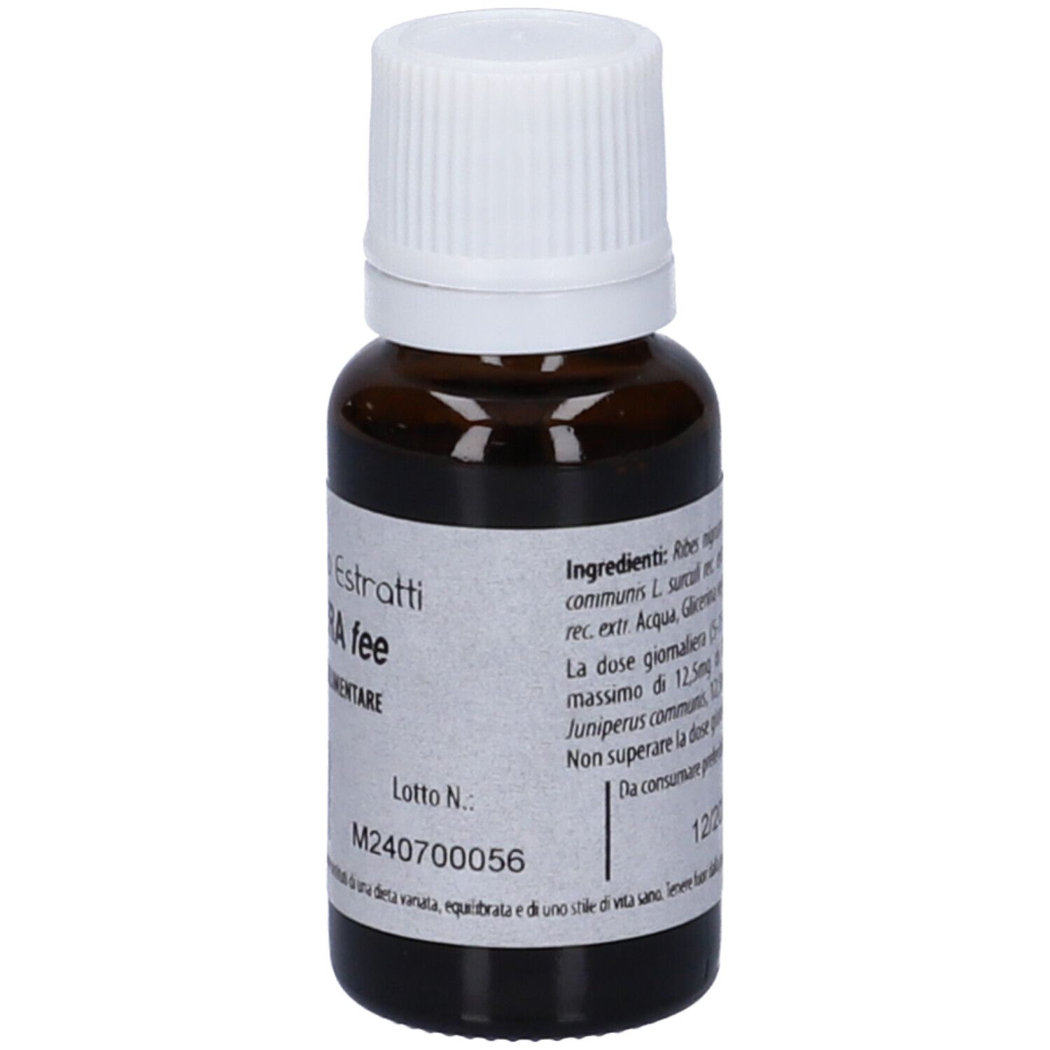 Flacone di vetro marrone con tappo bianco. Scritta: Fito Embryo Estratti Barriera fee, 15 ml.