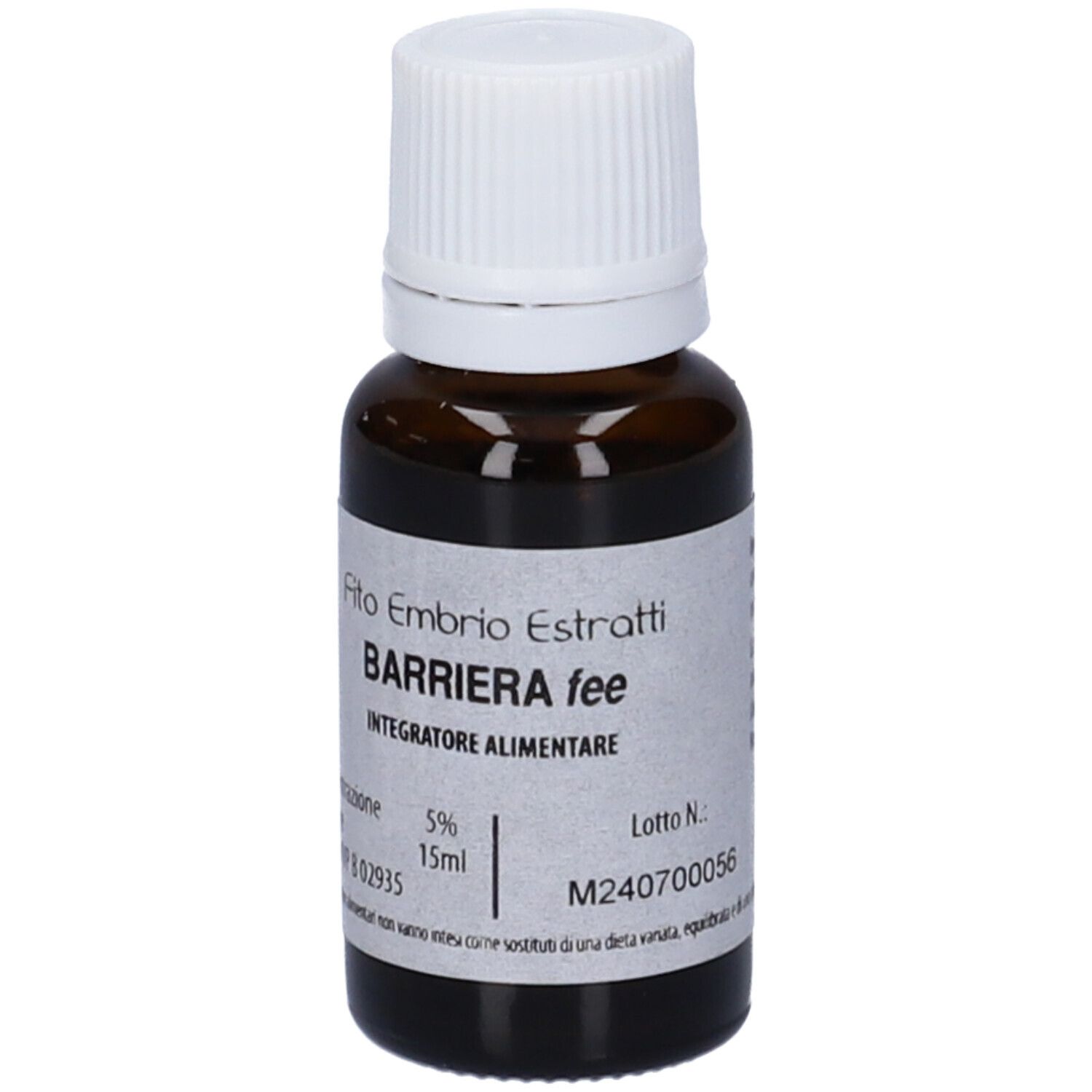 Flacone di vetro marrone con tappo bianco. Scritta: Fito Embryo Estratti Barriera fee, 15 ml.