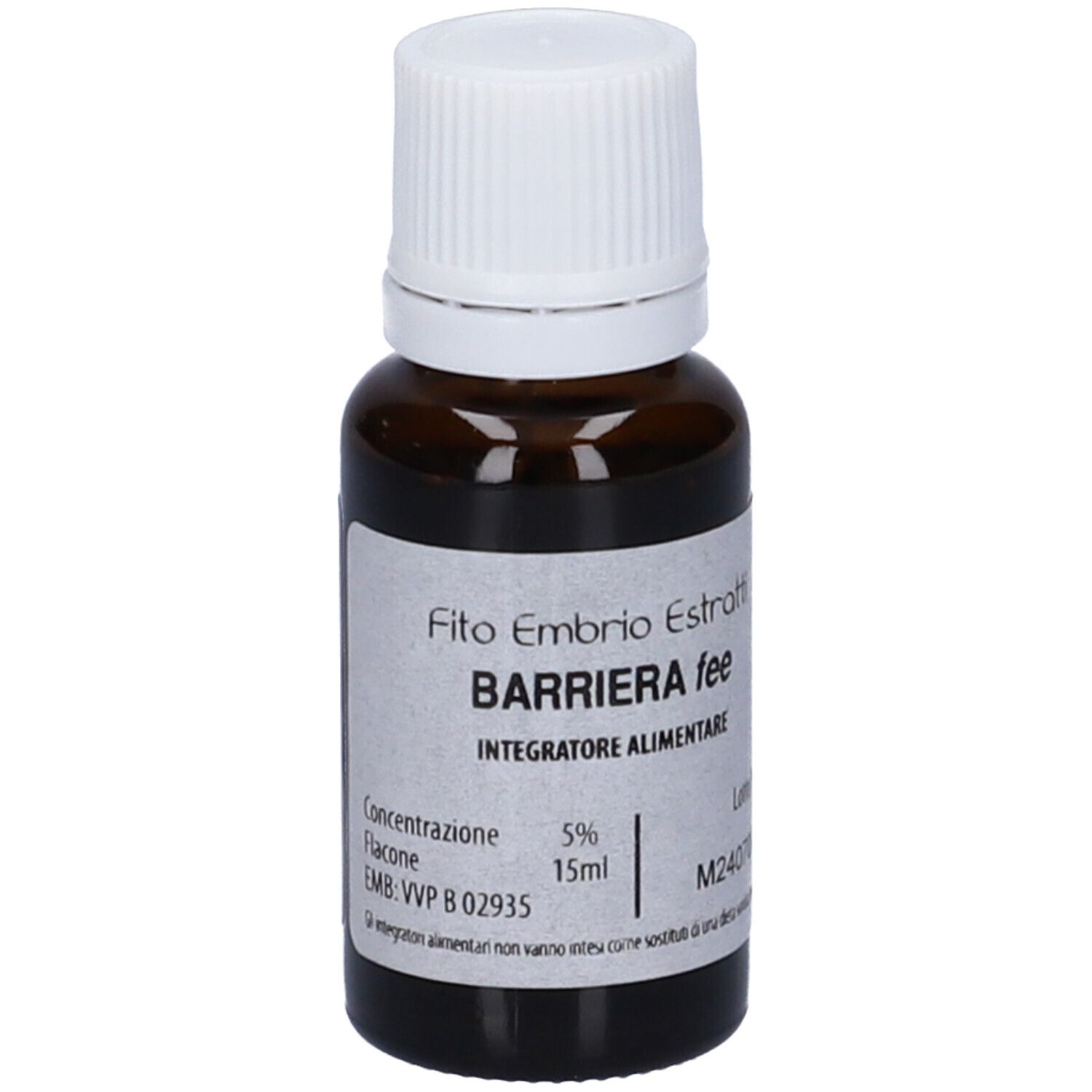 Flacone di vetro marrone con tappo bianco. Scritta: Fito Embryo Estratti Barriera fee, 15 ml.