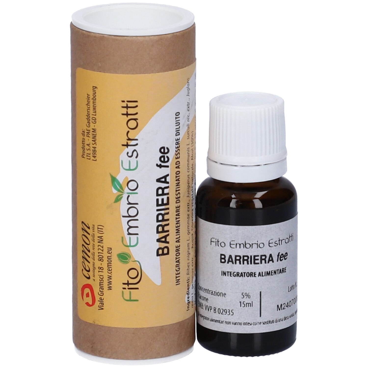 Flacone di vetro marrone con tappo bianco e tubo di cartone marrone. Scritta: Fito Embryo Estratti Barriera fee, 15 ml.