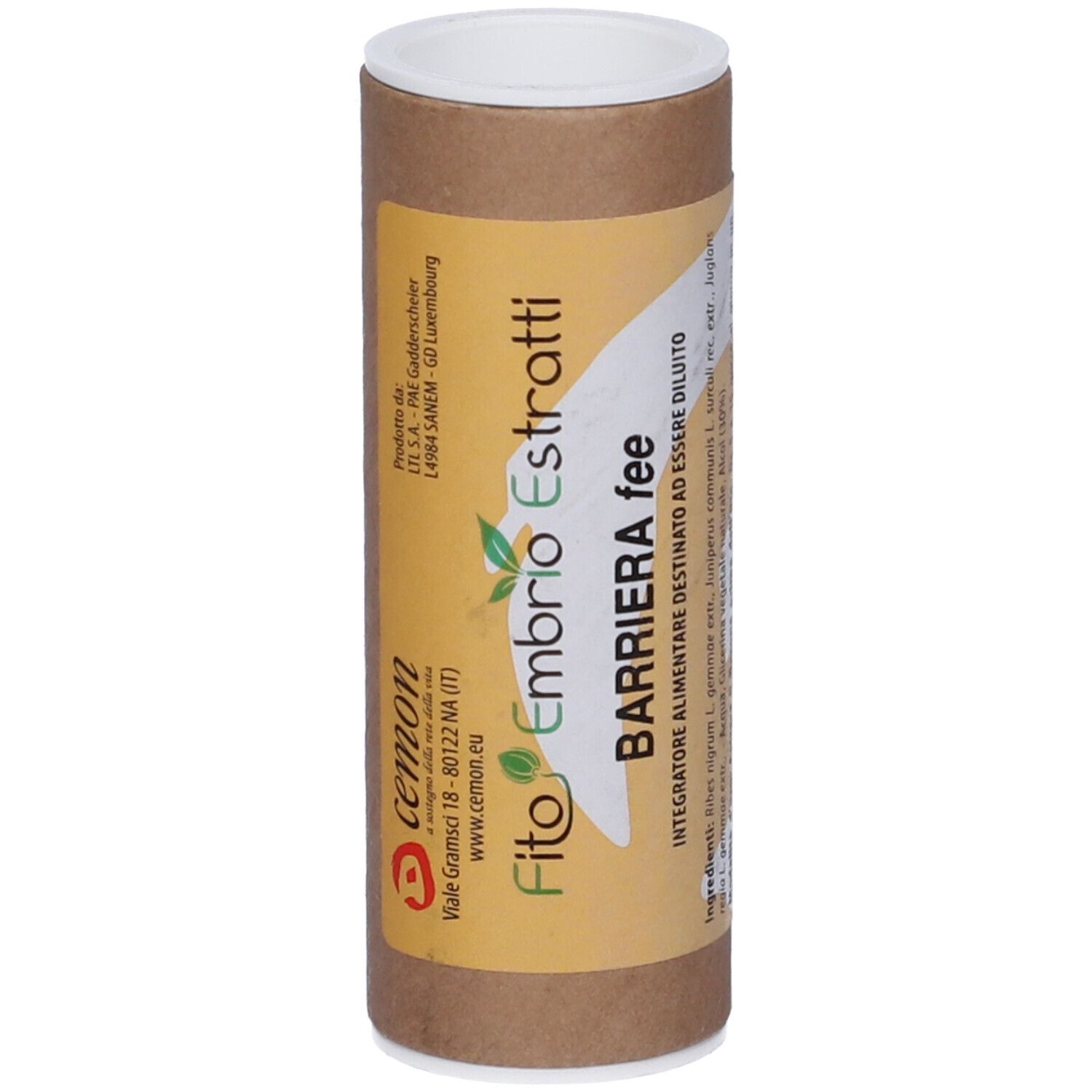 Tubo di cartone marrone con tappo bianco. Scritta: Fito Embryo Estratti Barriera fee.
