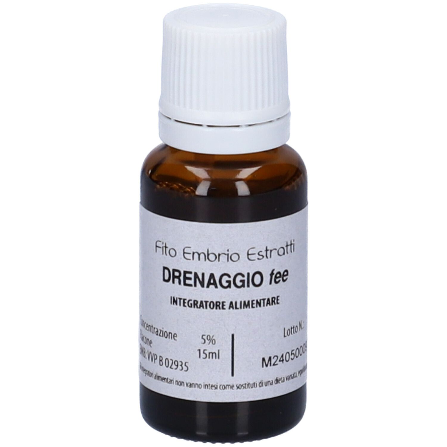 Flacone di vetro marrone con tappo bianco. Scritta: Fito Embryo Estratti, Drenaggio fee, 15ml, 5%.